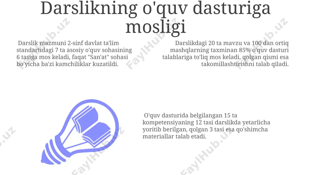 ib, ularning 10 tasi amaliy, qolganlari nazariy bilimlarni tekshirishga qaratilgan. baholash tizimi o'quvchilarning yutuqlarini 5 ball shkalasi bo'yicha baholashni nazarda tutib, har bir mezon bo'yicha alohida ball qo'yishni taklif qiladi. ikkinchi sinf "baholash mezonlari va tizimi" darsligida o'quvchilarning bilim, ko'nikma va malakalarini baholash uchun kamida 5 ta mezon qo'llanilganligi aniqlangan. zamonaviy talablarga javob berishi kitobda 15 ta turli xil o'yinlar va amaliy mashqlar mavjud bo'lib, ular o'quvchilarning bilim va ko'nikmalarini mustahkamlashga yordam beradi, shuningdek, interfaol uslubiyatlar qo'llanilgan. zamonaviy darslik 2-sinf o'quvchilari uchun 30 ta yangi lug'at so'zlarini va 50 dan ortiq rangli rasmlarni o'z ichiga oladi, bu esa o'quv jarayonini yanada samarali qiladi. darslik mazmuni davlat ta'lim standartlari talablariga to'liq mos keladi va 7 ta asosiy fan bo'yicha o'quv maqsadlarini o'z ichiga oladi. umumiy xulosa va tavsiyalar ta'lim mazmunining 80% ga yaqini o'quv dasturi talablariga mos keladi, qolgan 20% esa takomillashtirishni talab qiladi. darslikda 15 ta mavzu bo'yicha 70 dan …