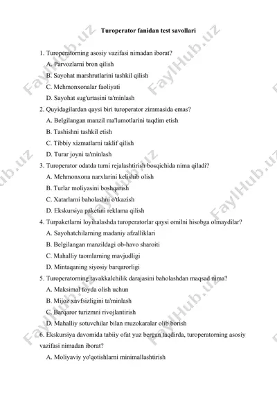 turoperator fanidan test savollari — DOCX