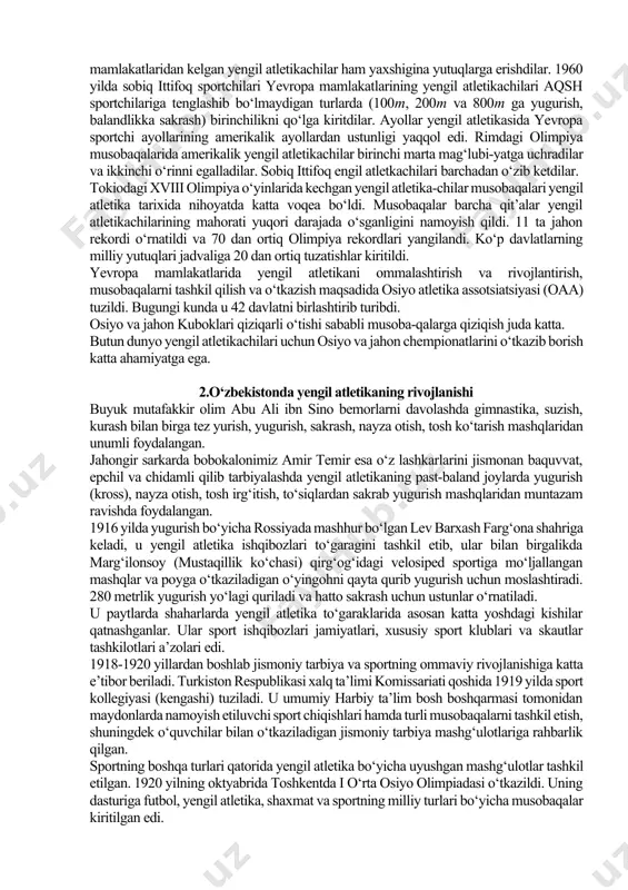 da, 1940 yilda tokioda, 1944 yilda xelsinkida mo‘ljallangan olimpiya o‘yinlari o‘tkazilmadi. olimpiya o‘yinlarida yengil atletika musobaqalari dasturi har doim o‘zgarib turgan. 1928 yilda amsterdamdagi ix olimpiadada birinchi marta ayollar o‘rtasida yengil atletika musobaqalari o‘tkazildi. shundan keyin barcha o‘yinlarda ayollar o‘rtasida musobaqalar o‘tkazib kelinadi. hozirgi zamon olimpiya o‘yinlari birinchi marta 1896 yilda afinada bo‘lib o‘tgan edi. yengil atletika musobaqalarida atigi 12 mamlakat vakillari qatnashgan. bu o‘yinlarda ko‘pchilik atletlarning sport natijalari va mashq bajarish texnikalari past darajada edi. 1912 yilda stokgolmda (shvetsiya) bo‘lib o‘tgan v olimpiya o‘yinlari yengil atletika taraqqiyotida muhim bosqichga aylandi. yengil atletikaning qator turlarida ko‘p yillardan beri o‘zgarmay kelayotgan jahon va olimpiya rekordlari yangilandi. 1912 yilda yengil atletikani rivojlantirishga va xalqaro musobaqalar o‘tkazishga rahbarlik qiluvchi organ – xalqaro havaskorlar yengil atletika federatsiyasi (iaaf) tashkil qilindi. federatsiyaning maqsadi federatsiya a’zolari o‘rtasida hamkorlik o‘rnatish, ustav va xalqaro musobaqalar o‘tkazish qoidalarini ishlab chiqishdan iborat edi. birinchi jahon urushidan keyin ko‘p mamlakatlarda sport …