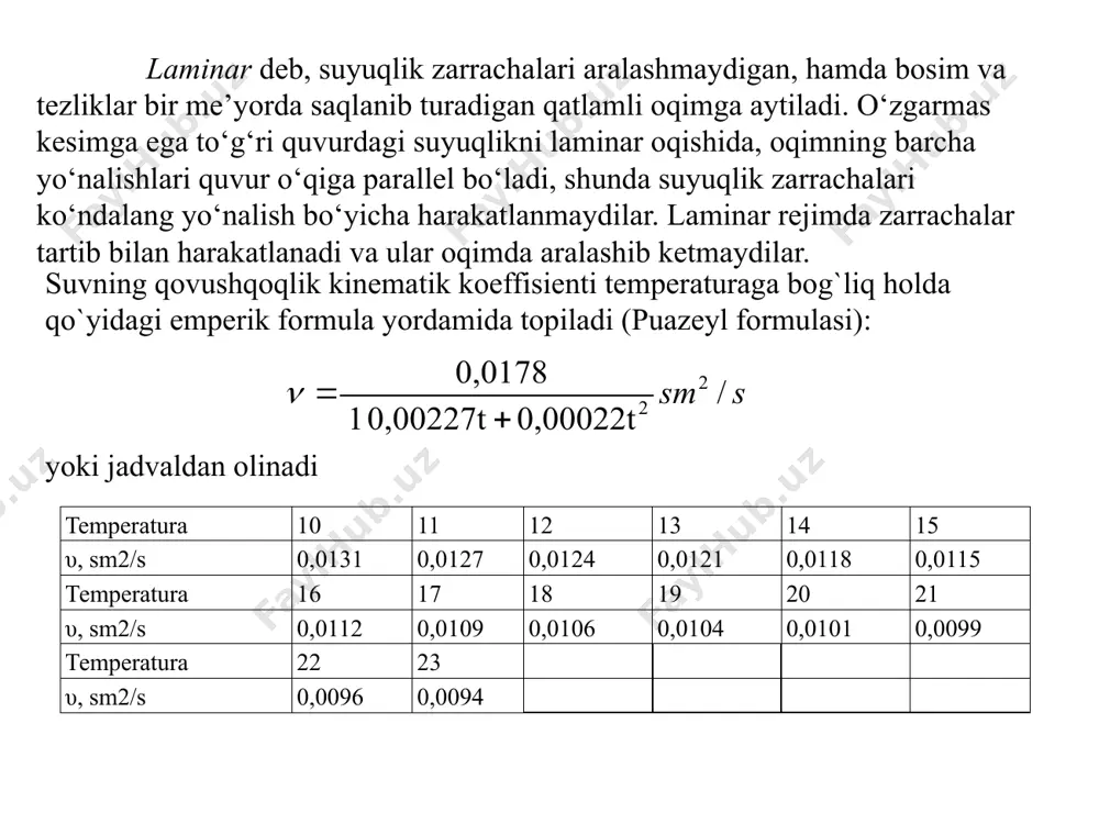 4,0 4,6 5,8 4,8 5,2 4,5 5,6 4,2 4,6 5,4 2 q,m3/s 31 36 42 28 29 59 62 46 43 57 58 56 40 48 39 20 25 35 nazorat savollari 1.suyuqlikni qanaqa harakat rejimlarini (tartiblarini) bilasiz? 2.qanaqa harakat laminar deyiladi? 3.laminar va turbulent harakatda zarrachalar tezliklari qanaqa harakat qiladi? 4.laminar va turbulent harakatda reynolds soni qancha bo‘lishi kerak? 5.laminar va turbulent harakatda zarrachalarning tezliklari qancha bo‘lishi kerak ? 6.tajribada suv satxi tezligini topishni tushuntiring 7.ikki tartibli harakatni aniqlash usulini tushuntiring 8.reynolds kritik soni to`g`risida ma'lumot bering 9.suyuqliklarning qovushqoqlikgi nimalarga bog`liq? 10.qovushqoqlik temperaturaga qanday bog`liq? 11.reynolds sonining o`lcham birligini tushuntiring. image1.png image2.wmf oleobject1.bin image3.wmf oleobject2.bin image4.png image5.jpeg image6.png image7.wmf oleobject3.bin image8.wmf oleobject4.bin image9.png image10.wmf oleobject5.bin image11.wmf image12.wmf oleobject6.bin oleobject7.bin oleobject8.bin s sm / 0,00022t 0,00227t 1 0,0178 2 2 + = n n vd = re 4 2 d p w = w j q = c t o …