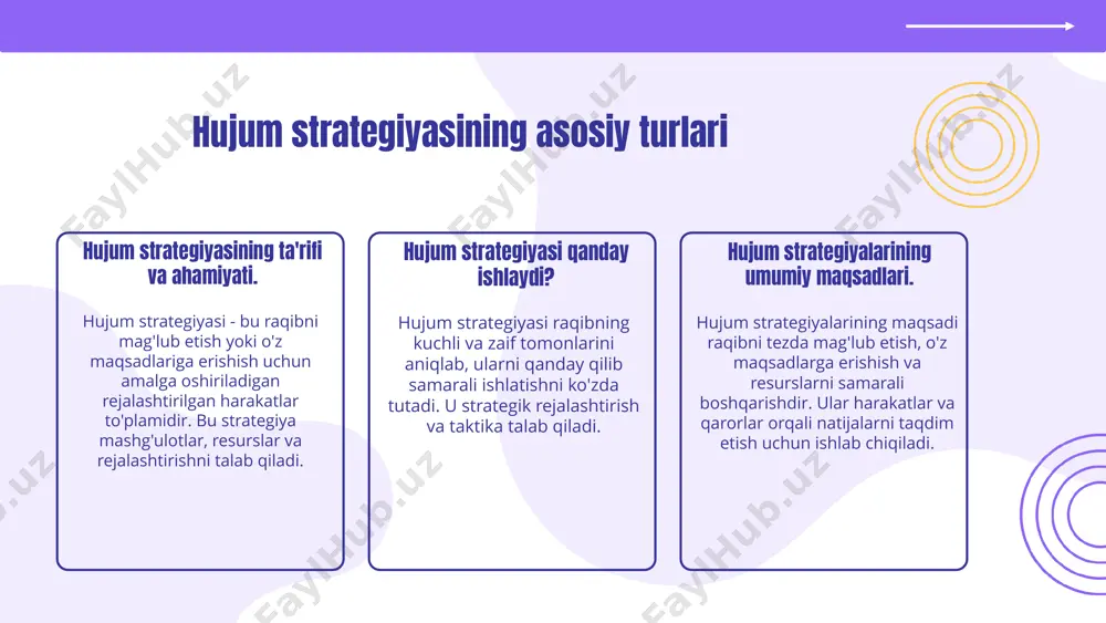 va resurslardan samarali foydalanish uchun. kelajakdagi istiqbollar hujum strategiyalarining kelajakda yanada rivojlanishi kutilmoqda, ayniqsa texnologiyalar va raqamli vositalar yordamida. bu innovatsiyalar yangi imkoniyatlar yaratadi. hujum strategiyasining kamchiliklari kamchiliklar ro'yxati asosiy kamchiliklar: 1. resurslar va vaqtni talab qilishi. 2. xavf va risklar (muvaffaqiyatsizliklar). 3. raqib tomonidan qiyinlashtirilishi. 4. dastlabki rejalashtirishning ahamiyati. muvofiqlashtirish masalalari hujum strategiyasini muvofiqlashtirishda muhim masalalar: 1. muvaffaqiyatli aloqa. 2. resurslar taqsimoti. 3. strategik moslashuv zarurati. xulosa hujum strategiyasining kamchiliklari, ularning samaradorligiga ta'sir qiladi. bu kamchiliklarni bartaraf etish kelajakdagi muvaffaqiyat uchun muhimdir. hujum strategiyasining maqsadlari asosiy maqsadlar hujum strategiyasining asosiy maqsadlari: raqobatchilardan ustunlikni qo'lga kiritish, bozor ulushini kengaytirish, innovatsion mahsulotlarni muvaffaqiyatli joylashtirish va ijtimoiy ta'sirlarni hisobga olish. maqsadlarni aniqlash maqsadlarni aniqlashda raqobatchilarning xatti-harakatlarini, bozor talablarini, mijoz ehtiyojlarini va ichki resurslarni baholash zarur. bu jihatlar strategiyaning muvaffaqiyati uchun muhimdir. xulosa hujum strategiyasi tashkilotning raqobatbardoshligini oshirish va bozor sharoitlariga moslashish imkoniyatini beradi. hujum strategiyasida muvaffaqiyat omillari muvaffaqiyatli hujum omillari muvaffaqiyatli hujum …