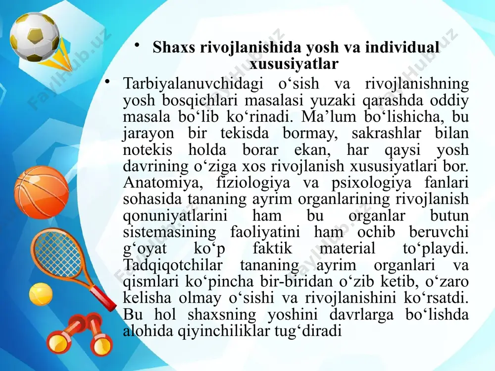ziologik va psixik xususiyatlar yosh xususiyatlari deyiladi. muayyan bola qaysi yosh guruhiga kiradigan bo‘lsa, o‘z rivojlanishida shu guruhdan o‘zib ketishi yoki orqada qolishi mumkin. tarbiyachini bu yosh xususiyatlarni bilishi o‘z tarbiyalanuvchilarining kuchi va imkoniyatlarini aniqlashi, ularning keyingi rivojlanishini ta’minlaydigan talablar qo‘yishi imkonini beradi. go‘daklik davri (tug‘ilgandan 1 yoshgacha) bu davr bola taraqqiyotida juda katta ahamiyatga ega. bola bu davrda parvarishga muhtoj bo‘ladi. tug‘ilganda bir qator shartsiz reflekslar bilan tug‘iladi. uch oylik bo‘lganda buyumlarni farqlaydi, ayrim tovushlar chiqaradi. bola predmetlar va narsalar olami bilan bevosita tanishadi. bolaning tashqi olamni bilishga bo‘lgan tabiiy ehtiyojlari ham ayni shu davrda nomoyon bo‘ladi. shuning uchun ham hali yoshiga to‘lmagan bolaga rang-barang o‘yinchoqlar berilsa, ulardan zavqlanadi. bu bola taraqqiyoti va olamni bilishga intilishi qoniqtirilayotganligidan darak beradi. bola 6 oylik bo‘lgandan keyingi davrida endi o‘z qo‘llari bilan predmetlarni ushlaydigan, o‘yinchoqlarga intiladigan bo‘ladi, ularning sirlarini o‘rgana boshlaydi, o‘zidagi hissiyotlarni tovush ohanglarida ifodalaydi. 11-12 oyligida atrofdagilarni tanishdan tashqari, aytilishi …