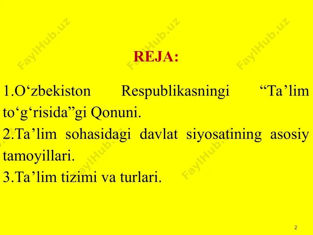 o‘rq-637-son) yangi tahrirda ishlab chiqilgan qonun loyihasida boblar soni 5 tadan 11 taga va moddalar soni 34 tadan 75 taga yetkazildi. * qonun loyihasiga quyidagi yangi boblar kiritildi: - ta’lim faoliyati va uni tashkil etish (4-bob); - ta’lim muassasasi xodimlari (5-bob); - ta’lim oluvchilar va ota-onalar(qonuniy vakillar)ning huquqlari, majburiyatlari va javobgarligi (6-bob); - ta’lim jarayoni qatnashchilarining ijtimoiy himoyasi (7-bob); - ta’lim muassasalarini litsenziyalash, davlat akkreditatsiyasi, ta’lim to‘g‘risidagi hujjatlar nostrifikatsiyasi va apostil qo‘yish (8-bob); * - ta’lim tizimida davlat nazorati (10-bob); - ta’lim sohasida xalqaro hamkorlik (11-bob). qonun loyihasini ishlab chiqishda asosiy e’tibor quyidagilarga qaratildi: - xorijiy tajribani chuqur o‘rganish asosida milliy ta’lim tizimini xalqaro standartlarga moslashtirish; - ta’lim sifatini yaxshilashga ta’sir qiluvchi omillarni va uning mexanizmlarini qonunning mazmunida aks ettirish; * - ta’lim sifatini yaxshilashga to‘sqinlik qilayotgan omillarni bartaraf etish; ta’lim jarayoni ishtirokchilarining o‘zaro munosabatlari, huquqlari, majburiyatlari va javobgarligini tartibga solish; katta yoshdagilar ta’limi, inklyuziv ta’lim, davlat-xususiy sheriklik, ta’lim sohasiga …