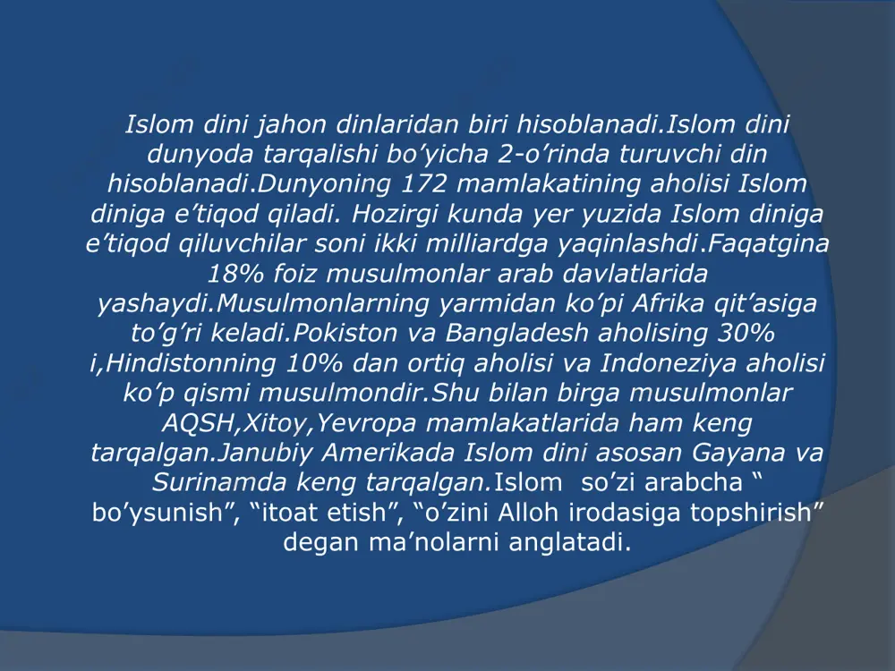 a,6226 ta oyatdan iborat.islom tarixiga ko’ra qur’onning sura va oyatlari muhammad payg’ambarga parcha-parcha tarzida vahiy qilib borilgan.vahiy kela boshlagan kun “laylat ul-qadr’ kechasi boshlanib, 23 yil davom etgan.muhammad (s.a.v) vafotidan so’ng qur’oni karim suralarini top’lash va mushaf qilish xalifa abu bakr va usmon nomlari bilan bog’liq. xalifa abu bakr qur’on suralarini yoddan biladigan kishilar bilan suralarni to’plam ko’rinishiga olib kelib,suhuf deb ataganlar.xalifa usmon qur’onni butun bir kitob holiga olib kelishga erishdi.qur’onning “usmon to’plami” asl nusxasi madinada qoldirilgan.ko’chirilgan 4 nesxasi esa makka,kufa,basra va damashqqa yuborilgan.islom an’anasida qur’onning asl nusxasi deb tan olingan “usmon to’plami”ning to’rtala nuxasi ham mavjud.ulardan biri toshkentdagi musulmonlar idorasi kutubxonasida saqlanmoqda.”usmon to’plami”ning qolgan 3 nusxasi qohira,makka va madinada saqlanmoqda. hadis musulmonlarda qur’ondan keyingi ikkinchi muqaddas kitobdir.hadis arabcha so’z bo’lib, ”rivoyat”, ”naql” degan ma’nolarni anglatadi.hadis-islom dinida qur’ondan keyingi muqaddas manba,muhammad payg’ambar(s.a.v.) ning faoliyati va ko’rsatmalari haqida to’plangan ma’lumotlar yig’indisidir. hadislar vii-viii asrlardan boshlab to’plana bordi.hadis ilmi bilan shug’ullanuvchi olimlarni …