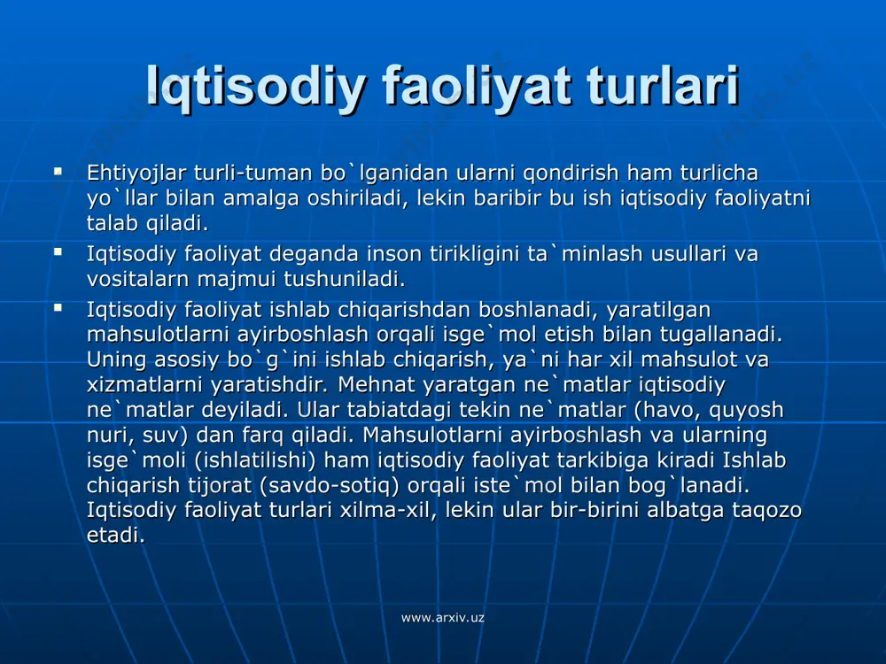 osida olib boriladi. ayrim ishlab chiqaruvchi yoki korxona yaratgan mahsulot—individual mahsulot hisoblanadi, jamiyatdagi barcha kishilarning iqtisodiy faoliyati esa yalpi milliy mahsulotni (yamm) yaratadi. yalpi milliy mahsulot bir yil davomida pirovard natijada yaratilgan va bozor narxida hisoblangan barcha mahsulot va xizmatlardir. aholi jon boshiga yaratilgan yamm miqdori iqtisodiyotning naqadar rnvojlanganligini bildiradi. agar bu ko`rsatkich qanchalik yuqori bo`lsa, mamlakat shunchalik boy hisoblanadi, uning «fuqarolari shu qadar farovon yashaydi. masalan, 1993 yilda yaponiyada aholi jon boshiga yaratilgan yamm 31,4 ming dollar bo`ldi, bangladeshda bu ko`rsatkich 220 dollarga tug`ri keldi. demak, yaponiya boy, bangladesh esa kambag`al mamlakat. individual va yamm mavjudligi iqtisodiy faoliyatning ikki darajali bo`lishidan kelib chiqadi. birinchisi — mikroiqtisodiyot. bu sektor (tarmoq) firma va ayrim uy xo`jaliklari (oilalar va oilasiz kishilar) doirasidagi iqtisodiy faoliyat bo`lib, uning asosiy unsuri firma (korxona) hisoblanadi. www.arxiv.uz www.arxiv.uz www.arxiv.uz www.arxiv.uz foydalanilgan adabiyotlar: sanoat korxonalarida ishlab chikarishni tashkil etish: o`quv qo`llanma g`ortikov a.a. va boshk.-t.: tdiu, 2004.-144c. 1 …