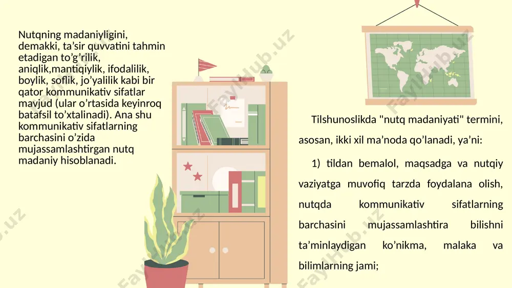 rimizdan biri forobiy esa fikrni asoslash to`g’risidagi ta’limot-ni mantiq ilmining asosiy tayanchi deb hisoblagan. fikrlashning mantiqiyligini ta’minlashda bu uch unsur borasida shakllangan qoidalarga rioya etish muhim ahamiyatga ega. shu bilan birga aytish lozimki, fikrlash jarayonida mantiqiy xatolar mantiqiy fikrlash mada-niyatining zaifligi va fikriy pala-partishlik oqibatida vujudga keladi yoki tinglovchilarni ongli ravishda adashtirish, bahs-munozarada qanday bo`lmasin yutib chiqishga intilish istagidan kelib chiqadi. «auditoriya bilan muloqotga kirishar ekan, notiq uni o`z fikrlariga inontirishi, mafkuraviy oziq be­rishi, odamlarning ongini o`zgartirishi lozim. notiq nutqining ta’sirchan va ishonarli bo`lishida asosiy shartlardan biri esa fikrning mantiqiyligidir». nutqning tozaligi nutqning tozaligi deganda unda til elementlarining ishlatilishida adabiy til me’yorlariga amal qilish-qilmaslik tushuniladi. yaxshi, namunaviy nutq hozirgi o`zbek adabiy tili talablariga mos holda shakllangan bo`lishi, turli g’ayriadabiy va g’ayriaxloqiy til elementlaridan xoli bo`lishi kerak. bu masalaning til jihati bo`lib, nutqiy tozalikning tildan tashqari - paralingvistik jihatlari ham undan kam bo`lmagan ahamiyatga ega. chunki u boy ma’naviy-axloqiy qadriyat-larga ega …