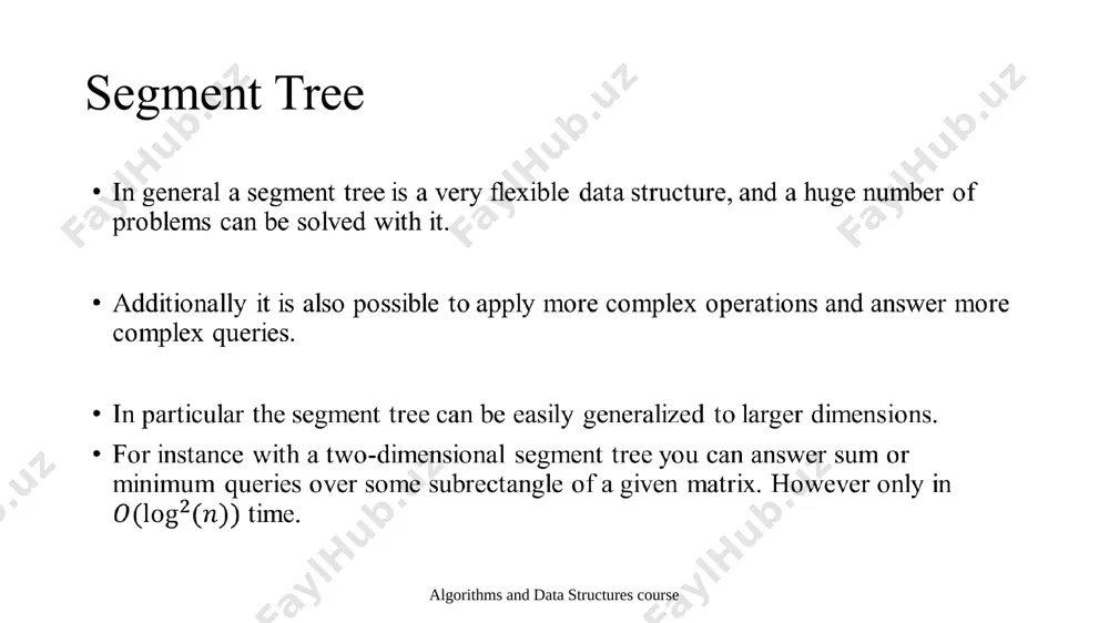 tom level, the leaf vertices. a vertex is a leaf vertex, if its corresponding segment covers only one value. therefore we can simply copy the values of the elements a[i]. on the basis of these values, we can compute the sums of the previous level. and on the basis of those, we can compute the sums of the previous, and repeat the procedure until we reach the root vertex. algorithms and data structures course segment tree construction it is convenient to describe this operation recursively: we start the construction at the root vertex and the construction procedure, if called on a not-leaf vertex, first recursively constructs the two child vertices, and than sums up the computed sums of these children. if it is called on a leaf vertex, it simply uses the value of the array. the time complexity of the construction is o(n). algorithms and data structures course segment …