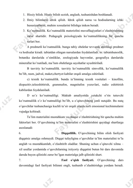 qiziqish o’quvchilarning o’qish jarayoniga faol munosabatida ifodalanadi. o’rganilayotgan bilimning amaliy ahamiyatini to’la tushunish o’quvchinin qiziqtirishning muhim shartidir. buni o’qituvchi turli usullar, qiziqarli amaliy mashg’ulotlar yordamida amalga oshiradi. 9. xotira. bilimlarni o’zlashtirishning muhim shartlaridan biri o’quvchining xotira faoliyatidar. bu faoliyat esga olish, esda saqlash, qaytadan esga tushurish kabi fazalarni o’z ichiga oladi. xotira faoli yati o’quvchi bilimining to’laligi, aniqligi va mustaqilligini ta’minlaydi. o’quvchi bilimni logik tarzda esga olishi shart. olingan ta’lim materialini esda saqlab turish va undan amaliy faoliyatda sunumlm foydalanishning yagona sharti takrorlashdir. takrorlash faol, unumli va maqsadli bo’lishi kerak. ko’nikma va malakalar. o’quvchining bilimlarni o’zlashtirishda ko’nikma va malakalarning ahamiyati kattadir. maqsadga muvofiq ravishda bilim olshga qaratilgan xarakat usullari ko’nikmalardir. ko’nikma o’quvchining amaliy xarakatlarida nomolyon bo’ladi. bilimlarni egallash jarayonida o’quvchilarda amaliy faoliyat ko’nikmasi tarbiyalanadi. o’quvchining bilimi ko’nikmasiz bo’lishi mumkin, lekin ko’nikma bilmsiz bo’lmaydi. m: daraxtni o’tqazish tufayli ko’kartirib o’stirishni o’quvchi biladi, ignaga ip o’tkazish oddiy ko’nikma, o’sha orqali buyumtikish murakkab, …