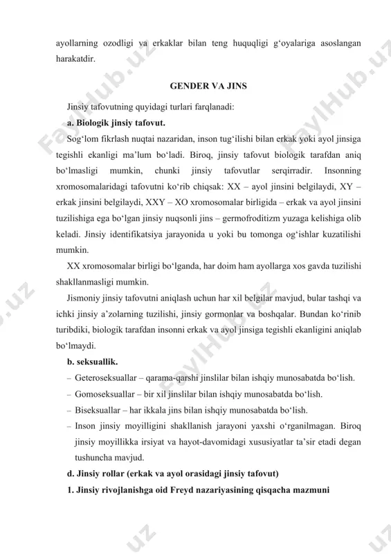 zigmund freyd shunday ta’kidlaydi: seksual mayl – jinsiy yetilish davridan boshlab emas, balki tug‘ilishi bilan boshlanadi. emizikli davrdanoq, bolada erotik xislarni payqash mumkin. z.freyd tomonidan 4 ta bosqichdan iborat bo‘lgan gipoteza taklif etilgan: oral (tug‘ilgandan boshlab to 1,5 yoshgacha), anal (2 yoshdan 4 yoshg acha), fallitik (3 yoshdan 5 yoshgacha), latent (6 yoshdan maktab davrigacha). oral bosqich – onaga bog‘liq, chunki og‘iz bo‘shlig‘i yoqimli hislar mujassamlashgan joy hisoblanadi va u biologik ehtiyojni qondirish a’zosidir. og‘iz inson hayoti mobaynida muhim erogen soha hisoblanadi. oral bosqich, ko‘krak bilan boqish tugagandan so‘ng to‘xtaydi. anal bosqich – erogen sohalar anal teshik atrofida joylashgan bo‘lib, ichaklarni bo‘shatish paytida jinsiy qoniqishni yuzaga keltiradi. bu bosqichda xojatni nazorat qilish shakllanadi. fallitik bosqich – yetakchi erogen soha bo‘lib, jinsiy a’zolar hisoblanadi. bu yoshda bolalar birinchi bor jinsiy tafovutni anglay boshlaydilar. bolalar e’tiborini tortuvchi insonlar – ularning ota-onalaridir. bolalar kattalarga nisbatan jinsiy bog‘lanadilar, qizlar otalariga, o‘g‘il bolalar esa onalariga. …
