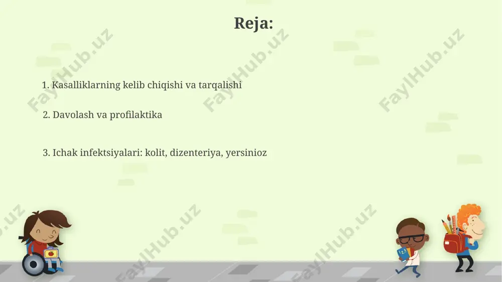 sosiy manbalaridan biri hisoblanadi. yersiniozni yuqtirish xavfi 5-10% atrofida bo'lib, bu asosan sanitariya-gigiena qoidalariga rioya qilmaslik va yetarlicha issiqlik bilan ishlov berilmagan mahsulotlarni iste'mol qilish bilan bog'liq. dizenteriya: turlari, patogenezi va klinik ko'rinishlari dizenteriya 2 asosiy turga bo'linadi: bakterial (shigella turlari tomonidan qo'zg'atiladi) va amеb (entamoeba histolytica tomonidan qo'zg'atiladi), ularning har biri o'ziga xos patogenez mexanizmlariga va klinik ko'rinishlariga ega. klinik ko'rinishlarda kuchli qorin og'rig'i, yuqori harorat (38-40°c gacha), shilimshiq va qon aralashgan tez-tez suyuq najas chiqarish kabi belgilar kuzatiladi, kasallikning og'irligi patogenning virulentligiga va bemor immunitet holatiga bog'liq. kolit: sabablari, alomatlari va davolash kolitisning og'ir shakllarida kuniga 10-20 marta suyuq, qonli najas chiqishi, qorin og'rig'i va tana haroratining 39°c gacha ko'tarilishi kuzatiladi. kolitisning 10% dan ortig'i yallig'lanishga qarshi dori-darmonlarning noto'g'ri qo'llanilishi natijasida kelib chiqadi, bu esa ichak mikroflorasining buzilishiga olib keladi. e'tiboringiz uchun rahmat @taqdimot_robot image6.jpg image7.jpg image8.jpg image9.jpg image10.jpg image11.jpg image12.jpg image1.png