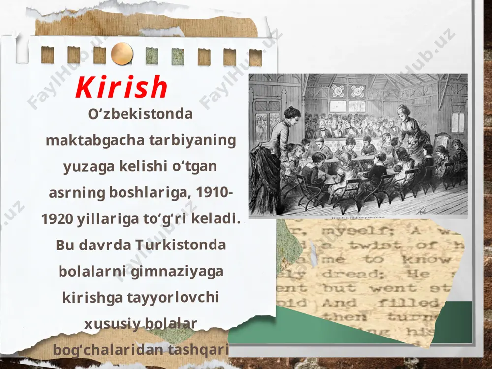 lalar o‘simliklarni parvarish qilish bilan mashg‘ul bo‘lgan. ammo 1891 — 1903 yillar mobaynida mablag‘ taqchilligi sababli bog‘cha bir necha marta yopilgan. xx asr 30 yillarning maktabgacha tarbiya dasturlarida bolalar bog‘chalarining tozalik va metodik yordam holatini tekshirish keng tarqaldi. bu tekshirishlar natijalariga ko‘ra xonalar va maydonchalarning jihozlanmaganligi, asbob-uskunalar bilan ta’minlanmaganligi, tozalik me’yorlariga amal qilinmasligi kabi kamchiliklarga qarshi kurash olib borilgan. qishloqlardagi bolalar bog‘chalari va maydonchalari maktabgacha tarbiya muassasalariga nisbatan bo‘lgan salbiy qarashlar tufayli katta qiyinchiliklarga duchor bo‘lgan. 1930 yilda o‘zbekistonda respublikaning barcha katta shaharlari va viloyatlarida o‘z bo‘linmalariga ega bo‘lgan maktabgacha tarbiya pedagogik maslahatxonasi tashkil qilindi. uning faoliyati doimiy ma’ruzalar, radiosuhbatlar, ayollar uchun ko‘rgazmalar tashkil qilishdan iborat edi. ular uchun bolalarga eng yaxshi burchak qilish bo‘yicha musobaqa ham o‘tkazilgan. 1933-1934 yillarda sanab o‘tilgan harakatlar natijasida o‘zbekistonda 3840 ta kolxoz maydonchalari bo‘lib, unda 127 ming bolalar qatnashgan. 1933 yil bolalar bog‘chalari uchun ilk dastur loyihalarini ishlab chiqarish yili sifatida muhrlandi. rusiy zabon …