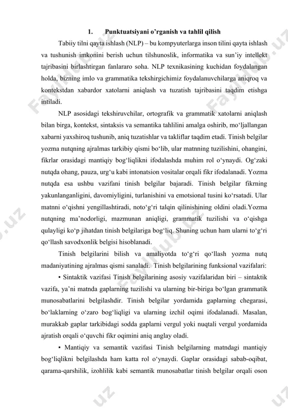 anada ravshanlashtiradi. ▪ emotsional-intonatsion vazifasi og‘zaki nutqda his-tuyg‘ular ohang,pauza va urg‘ular orqali ifodalanadi. yozma nutqda esa bu vazifani tinish belgilari bajaradi. undov belgisi (!), so‘roq belgisi (?), ikki nuqta (:), qo‘shtirnoq (“”) kabi belgilar matnga emotsional va ekspressiv tus bag‘ishlaydi. ular yordamida o‘quvchi matn ohangini sezadi, muallifning munosabatini tushunadi. turli uslubdagi matnlarda tinish belgilarining ishlatilishida o‘ziga xosliklar bo‘ladi: ilmiy uslub: aniq, lo‘nda va faktlarga asoslangan. tinish belgilarining qat’iy qo‘llanilishi talab etiladi. badiiy uslub: undovlar, iqtiboslar, pauzalar ko‘p bo‘ladi. tinish belgilarining ko‘plab turi qo‘llaniladi. publitsistik uslub: hissiylik va ta’sirchanlik uchun undov va so‘roq belgilaridan tez-tez foydalaniladi. tinish belgisi maqsad va nutqiy vaziyatdan kelib chiqqan holda qo‘yiladi. imlo qoidalariga, uslubiy me’yorlarga amal qilinmagan hollarda matnda xatolarga yo‘l qo‘yiladi. 2. tinish belgilarining ishlatilishi bilan bog'liq xatolarni aniqlash muayyan til yozuv sistemasining tarkibiy qismilardan bir punktuatsiyadir. uning qoidalarni puxta egallash va ulardan amalda o‘rinli foydalanish yozma nutq uchun muhim hisoblanadi. punktuatsiyaga umumxalq, umummillat madaniy …