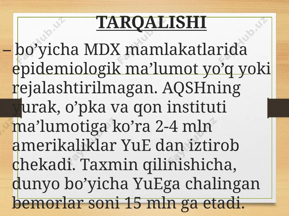 dinamik ta'sir diretiklar1,0 v/i furosemid 20-350 mg/sut.1-3 m raas sas nitratlar auf –ingibit.kapoten 25mg,25mg*3m(boshlangich. doza)enarapril maleat. 2,5mg*2m aldakton 25mg 25mg*1-m v-adrenoblokat. metaprolol 5mg*2m (boshl.doza)atenalol 12,5mg*1-2m bisoprolol 1,25mg*1-2m karvedilol (v+ bl)3,125mg*1m nitrosorbid 10-20mg*3m kardiket 20-40mg*2m gidralazin 30mg/s yurakning inotrop funktsiyasini stimullash; xilpillovchi taxiaritmiyada tusatdanbuladigan ulimni oldini olish tromboembolik asoratlarini oldini olish geparin amiodaron strofantin 0,05%-1ml v/i 5000ed*4m 7-10kun fraksilarin 0,3-0,6mg/s varfarin 10mg-2-15mg/s aspirin 0,325-0,125mg/s doimiy,kunora tiklopidin klopidogrel(plaviks 75mg 1m/s) (kordaron)800mg/s -200mg/s sxema buyicha sotalol sotaleks 80-160mg/s ta'siri yuk defibrilyator digoksin 0,25mg-0,375mg/s tasiri yuk yurak transilantatsiyasi