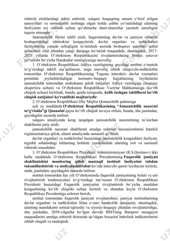 inson ongining inʼikosi. fuqarolar qanday ezgu amallar maʼrifati bilan qurollangan boʻlsa, ana shu ruhiy qudrat istaklarining hosilasini oladi. bu jarayon ulkan toʻlqin sifatida millatning mushtarak maqsadlarida namoyon boʻladi. u, oʻz navbatida, ijtimoiy hayotning barcha jabhalarida yangi tarmoqlarning, ishchi oʻrinlarning paydo boʻlishiga, aholining real daromadi va shunga muvofiq turmush darajasining oʻsib borishiga xizmat qiladi. o‘zbekiston respublikasi prezidenti shavkat mirziyoyev bugun, 3 aprel kuni yoshlar ta’lim-tarbiyasi uchun qo‘shimcha sharoitlar yaratish, xotin-qizlar bandligini oshirishga qaratilgan kompleks chora-tadbirlarni o‘z ichiga olgan 5 ta tashabbusni amaliyotga joriy etish masalalari bo‘yicha yig‘ilish o‘tkazdi. avval xabar qilinganidek, 19 mart kuni shu borada videoselektor yig‘ilishi o‘tkazilib, birlamchi vazifalar belgilab berilgan edi. ularga asosan har bir yo‘nalish bo‘yicha dasturlar loyihalari ishlab chiqildi. yig‘ilishda mazkur dasturlarga kiritilgan takliflar, ularni amalga oshirish mexanizmlari muhokama qilindi. xususan, birinchi tashabbus bo‘yicha yoshlarni madaniyat va san’at muassasalariga keng jalb etishga oid dastur loyihasi tayyorlangan. unga muvofiq, 2019-2020 yillarda 14 dan 30 yoshgacha bo‘lgan 2 …
