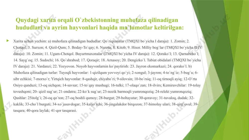 rtmaxona maydoni 25 ming ga. tashkil qilishdan maqsad - birinchi navbatda, yo‘rg‘a-tuvaloq va uning yashash joylari, shuningdek, butun qarnabcho‘1 biologik kompleksini saqlab qolish. buyurtmaxona yo‘rg‘a-tuvaloq ko'plab uchib o‘tadigan yo’lda joylashgan. navoiy viloyati ekologiya va atrof-muhitni muhofaza qilish qo‘mitasi ixtiyorida. “qo‘shrabot” davlat buyurtmaxonasi samarqand viloyati ijroqo‘mitaning 8.07.92-yildagi 86-k-sonli qarori bilan tashkil qilingan (muddati cheklanmagan). buyurtmaxona maydoni 16 ming. ga. tashkil qilishdan maqsad - qizil kitobga kiritilgan hayvonlar-yirtqich qushlar, nurota qo‘riqxonasidan buyurtmaxonaga kiradigan severstov qo‘yini muhofaza qilishdir. samarqand viloyati ekologiya va atrof- muhitni muhofaza qilish qo‘mitasi ixtiyorida. foydalanilgan adabiyotlar 1.xolmshminov j.,xayitboev e.”ekologik xavfsizlik:ekologik huquqiy ta‘lim va tarbiya masalalari”.o’zmu bosmaxonasi 2003. 2.abdullaev. o.,toshmatov z.o’zbekiston ekologiyasi:bugun va ertaga.t.,1992. 3.brinchuk m.m.ekologicheskoe pravo.m.,1999. 4.bogolyubovc.a.ekologicheskoe pravo.m.,1999. 5.yerofeev b.b.ekologicheskoe pravo.m.,1998. 6.»ekologiya huquqi».t.,adabiyot jamg’armasi.2001 y.328-b. 7.www.akadmvd.uz /docprops/thumbnail.jpeg