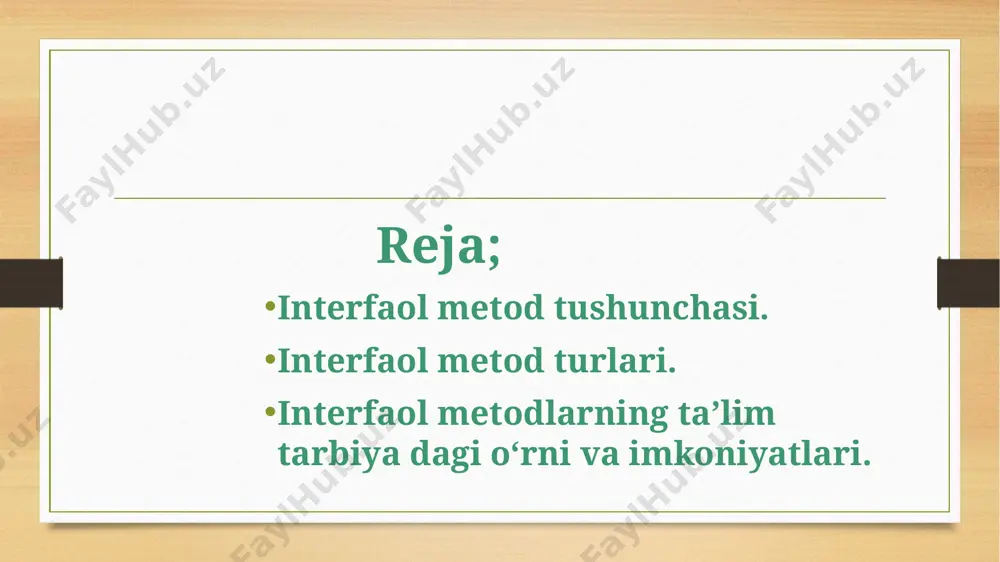 ing o‘quv bilim faoliyati samaradorligini ta'minlaydi mashg’ulotlarda ta'limning turli xil metod va usullari qo‘llaniladi. ular o‘quvchilarni mustaqil fikrlashini dunyoqarashi kengayishiga , mavzu bo‘yicha ko‘nikma va malakali samarali o‘zlashtirishiga xizmat qiladi xulosalar; pedagog dars vaqtida o‘quvchilar qaysi metod orqali darsni yaxshi o‘zlashtirsa o‘sh metodddan foydalangani ma’qul. barcha metodlar o‘quvchilarning samarali chuquru bilim olishlari uchundir e'tiboringiz uchun raxmat! image7.jpeg image8.jpeg image9.jpeg image3.png image4.png /docprops/thumbnail.jpeg