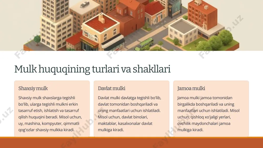 lish mexanizmlari har doim ham samarador bo'lmaydi, bu esa mulk huquqining buzilishi holatlarini bartaraf etishda qiyinchiliklar tug'diradi. 10 mulk huquqi: kelgusi istiqbollar va rivojlanish strategiyalari 1 huquqiy bilimlarni oshirish mulk huquqi bilan bog'liq qonunlarni keng omma o'rtasida targ'ib qilish va huquqiy bilimlarni oshirish juda muhimdir. 2 himoya qilish mexanizmlarini takomillashtirish mulk huquqini himoya qilish mexanizmlarini samaradorligini oshirish va uni buzish holatlarini oldini olish uchun qonunlar va qoidalarni takomillashtirish kerak. 3 davlat siyosatini mustahkamlash mulk huquqini himoya qilish davlat siyosatining ustuvor yo'nalishlaridan biri bo'lishi kerak. davlat mulk huquqining barqarorligini ta'minlash va uni himoya qilish uchun barcha zarur chora-tadbirlarni amalga oshirishi kerak. 11 image2.png image3.png image4.png image5.png image6.png image7.png image8.png image9.png image10.png image11.png image12.png image13.png image14.png image15.png image16.png