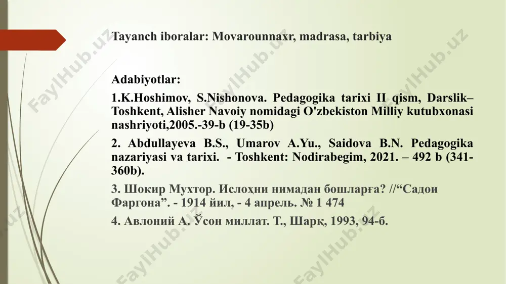 oni, qator bog`lar va boshqalar barpo etildi. ulug`bek zamoniga kelib esa matematika, astronomiya fanlari rivojlandi. tibbiyot, tarix, adabiyot va diniy bilimlarga e’tibor berildi. buxoro, samaraqnd, fijduvonda madrasalar qurildi. amir temur. har qanday taraqqiyotning asosi sifatli taʼlim tizimi ekanligini chuqur anglagan edi. shu sababli sohibqiron birinchi galda taʼlim va tarbiyani toʻgʻri yoʻlga qoʻyish, ilmli, maʼrifati shaxslarning jamiyatdagi mavqeyini koʻtarish yoʻlidan bordi. ulkan saltanatning barcha shahar va yirik qishloqlarida koʻplab boshlangʻich maktablar barpo etildi. tarixiy manbalarning dalolat berishicha, bu davrda oʻgʻil bola 4 yil, 4 oy va 4 kunlik boʻlganda maktabga berish anʼanasi amalda boʻlib, boshlangʻich taʼlim ulkan saltanatning barcha madaniy oʻlkalarini qamrab olgan edi. “katta kichik har bir shahar, har bir qishloqda masjid, madrasa va xonaqohlar bino qilsinlar”; “mudarrislar va shayxlarga kundalik maoshlarini belgilasinlar”; “sayidlar, ulamo, mashoyix, fuzalo, ulugʻlarni aziz tutsinlar”, bu davrda adabiyot sohasida atoiy, sakkokiy, haydar xorazmiy, durbek, lutfiylarning qimmatli asarlari yaratildi. samarqandda qozizoda rumiy, mansur koshiy, hirotda esa …