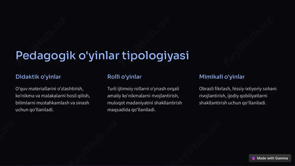 ategiyalar va metodlar o'quvchilarni faollashtirish, mustaqil fikrlash, ijodiy yondashuv ko'nikmalarini rivojlantirish orqali ta'lim sifatini oshiradi. 2 kasbiy tayyorgarlikni yaxshilash keys texnologiyasi, pedagogik o'yinlar va tiniqlashtirilgan o'qitish usullari o'quvchilarning amaliy ko'nikmalarini shakllantirish, kasbiy yetuklikni ta'minlash uchun xizmat qiladi. 3 o'quvchi markazli ta'lim interfaol metodlar va texnologiyalar o'quvchilarga yetakchilik qilish, o'z-o'zini boshqarish, ijodiy va tanqidiy fikrlash imkonini yaratadi. https://gamma.app/?utm_source=made-with-gamma