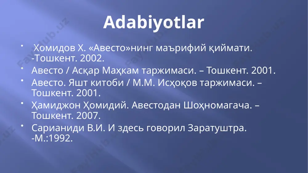 da tarjima qilingan. u organib chiqqan «avesto» qolyozmalari xiii asrga oid bolgan xix –xx asrda yangi tarjimalari qilingan. «авесто»нинг таркибий қисмлари ясна (гоҳлар) 72 бобдан иборат. оламнинг яратувчиси аҳурамазда мадҳ қилинган. яштлар 52 бобдан иборат. маъбудалар алқови виспарад 27 бобдан иборат. ибодат пайтида ўқиладиган матнлар йиғилган. вендидод 24 бобдан иборат. тиббий, космогоник, аҳлоқий, географик масалалар акс этган. хорда авесто (кичик авесто) 22 бобдан иборат. диний маросимларда ўқиладиган дуолар «авесто»да тўрт муқаддас унсур улуғланади ҳаво ер сув олов «avesto»da tarixiy viloyatlaming nomlari yashtning uchinchi va videvdatning birinchi bobida sanab o‘tilgan. yasht royxatidagi birinchi mamlakat qadimiy dasht qabilalari - oriy laming vatani - aryonam vayjo (arianam vaychax) yoki «oriylaming say- xon yerlaridir». u yurtda ko‘p yaylovlarga ega baland tog‘lar, keng daryolar va chuqur kollar mavjud bo'lgan: keyingi mamlakatlar - porutu, iskata, mourn, gava sugda, baxdi, xvarizam birinchidan, odamlar yashashi uchun eng yaxshi mamlakatni, vaxvi datiya daryosidagi aryonam vayjoga asos soldim. ikkinchidan, men, …