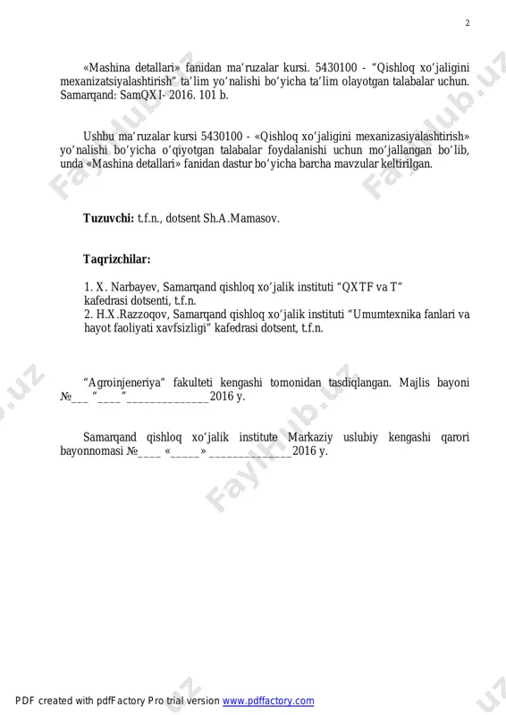 rajada mustahkam, ishqalanishga chidamli, shakli oddiy, ishlatilishi qulay va xavfsiz, shuningdek, davlat standartlarida qo’yilgan talablarni to’liq qondiradigan bo’lishiga erishish kerak. bundan tashqari, detallar ishdan chiqqanda yangisiga tez va oson almashtiriladigan bo’lishi ham zarur. tabiiyki, bunday vazifani yuqori malakali mutaxassislargina hal qila oladi. ana shunday mutaxassislar tayyorlashda «mashina detallari» kursi alohida o’rin tutadi. mashina detallari fani injenerlik praktikasida ko’plab uchraydigan, deyarli hamma turdagi mashinalar uchun umumiy bo’lgan detal va uzellarning tuzilishini hamda ularni iqtisodiy jihatdan tejamli qilib hisoblash va loyihalash usullarini o’rganuvchi fandir. bu fan nazariy mexanika, mexanizm va mashinalar nazariyasi, materiallar qarshiligi, metallar texnologiyasi va chizmachilik kabi fanlarga asoslanadi. shu bilan birga, u mashinasozlik ixtisosliklarini o’rganuvchi maxsus fanlarning asosi hisoblanadi. buyuk olimlardan aflotun (yangi eradan 3,5 asr ilgari) va leonardo da vinchi (1452-1519 yillar) o’z asarlarida podshipnik, tishli g’ildirak, zanjirli uzatma va turli mashinalar haqida ba’zi ma’lumotlarni yoritgan bo’lsalarda, mashinalarni hisoblash va loyihalash faniga faqat 19 asrda asos solindi. «mashina …