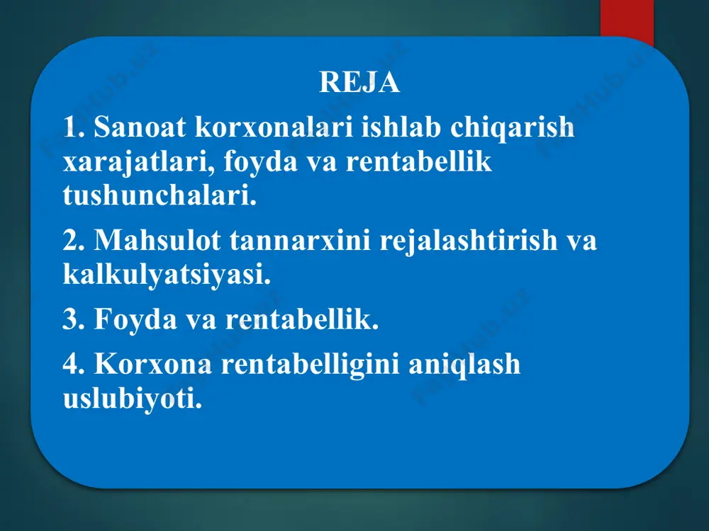 qoladigan summa. rentabellik: korxonaning resurslaridan (aktivlar, kapital) foydalanish samaradorligini ko‘rsatadi. rentabellik yuqori bo‘lsa, korxona mablag‘larni samarali ishlatmoqda, deganidir. mahsulot tannarxi –bu mahsulotni ishlab chiqarish uchun sarflangan barcha xarajatlar yig‘indisidir. mahsulot tannarxini hisoblashda quyidagi xarajatlar ko‘rib chiqiladi: • xom ashyo va materiallar: mahsulot ishlab chiqarish uchun zarur bo‘lgan barcha materiallar. • mehnat xarajatlari: ishchilarga to‘lanadigan maosh va ish haqi. • umumiy ishlab chiqarish xarajatlari: korxonaning ishlab chiqarish jarayonida sarflanadigan boshqa xarajatlar, masalan, energiya, texnika, transport, ijaralar. nazorat uchun savollar: foyda va rentabellik tushunchalari. mahsulot tannarxi foyda va rentabellik farqi. korxona rentabelligini aniqlash image2.png image3.png image4.png image5.png image6.png image7.png image8.png image9.png image10.png image11.png image12.png image13.png image14.png /docprops/thumbnail.jpeg