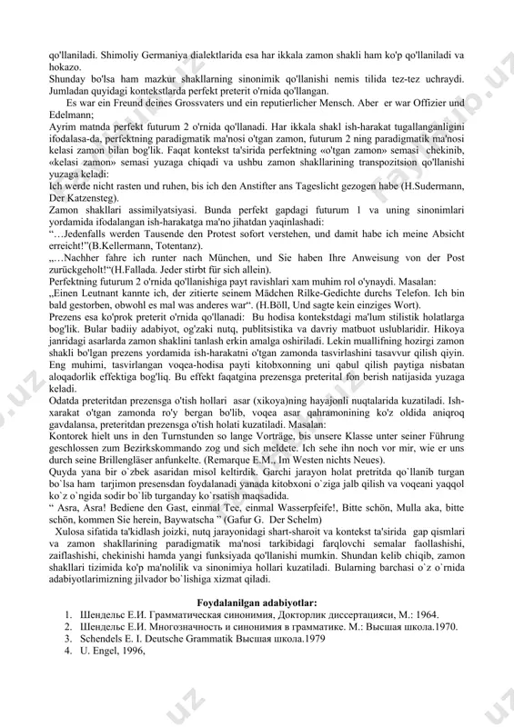 g grammatik kontseptsiyasiga tayanib yoritishga xarakat qilamiz. olima o'zining «mnogoznachnostь i sinonimiya v grammatike» nomli monografiyasida nemis tili zamon shakllarining transpozitsion qo'llanishi masalasini yoritishdan oldin oppozitsiya, neytralizatsiya, komponent va kontekstual tahlil kabi tushunchalarga izoh beradi. ye.i.shendels nemis tili zamon shakllari transpozitsiyasi masalasini tadqiq qilishda komponent tahlilga alohida urg'u beradi. ko'pchilik grammatik shakllar ikki va undan ortiq ma'no birlik(element)laridan iborat. ushbu ma'no birliklarini ye.i.shendels sema deb ataydi[2,23]. semalar yig'indisi o'z navbatida grammatikani tashkil etadi. sema shakl kategorial ma'nosining eng kichik (minimal) elementidir. grammatik shakl semalarga bo'lib tahlil qilinganda, u haqda to`liqroq (batafsil) ma'lumot olish imkoni tug'iladi. preteritning ma'nosi faqat «o'tgan zamon» semasi bilan chegaralansa edi, uning perfektdan hech qanday farqi qolmagan bo'lar edi. shu bois grammatik shakllar o'rtasidagi ma'no farqlanishini aniq belgilash maksadida semalar mukammal tahlil etilishi zarur. jumladan, preteritning «o'tgan zamon» semasiga «nutq payti bilan bog'lik emaslik» semasi qo'shilsa, perfektga «o'tgan zamon» semasidan tashqari «nutq paytiga bog'liqlik» semasi xosdir. oppozitiv …