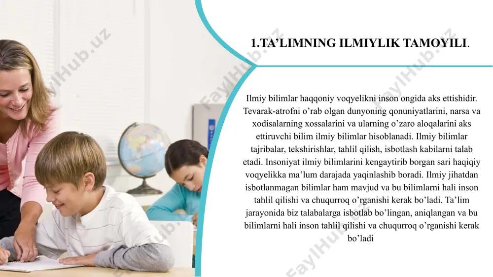 i, nazariyasi va uni qoidalarini, chegaralarini doimo eslatib ularni bajarilishini tekshirish. 6.doimo esda tutish lozimki, kunda eshitib, go’yoki yaxshi bilgan narsani tushuntirib, ilmiy asoslab berish qiyin bo’ladi. shuning uchun o’quvchilardagi avvalgi bilimlari va mantiq usullaridan doimo foydalanish. 7.boshlang’ich va umumta’lim bosqichlaridagi bilim mazmuni va uni berish usullari orasidagi vorislikni doimo saqlash zarur. 8 9 10 11 add text add text add text o’qitishning ilg’or usullaridan doimo foydalaning. o’qitishda tizimlilikni va muntazamlilikni saqlash uchun, avval o’tilgan bilimlarni doimo takrorlab turing. o’tilgan mavzularni takrorlash usulidan, faqat dars boshida va uni yakunlayotganda foydalanib qolmay, har bilimni tushuntirilayotganda ham undan foydalaning. o’tilgan mavzular bilan tez kirishib ketuvchi boshqa yangi fikrlarni bildirmang. 12 13 14 15 add text add text add text o’quvchilar til savodxonligini faqat boshlang’ich sinf o’qituvchisini kuzatib boribgina qolmay, balki barcha fan o’qituvchilari ham o’quvchilarning til savodxonligi va nutq madaniyatiga e’tibor berishi lozim. sabr va chidam bilan hamda uzluksiz ravishda o’quvchilarni mustaqil …
