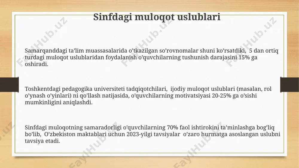 bosqichli trening dasturini taqdim etdi. samarqanddagi 2022-yilgi tadqiqotlar shuni ko'rsatdiki, ota-onalarning 70%i o'qituvchilar bilan muloqotda samarali fikr almashish uchun qo'shimcha treninglarga ehtiyoj sezadi. toshkent shahridagi maktablarda o'tkazilgan so'rovnomalar natijalariga ko'ra, o'qituvchi-ota-ona munosabatlarida ishonchsizlik darajasi 15% dan 25% gacha o'zgarib turadi, bu esa kommunikativ muammolarga olib keladi. o'z-o'zini boshqarish va stress menejmenti samarqanddagi o'qituvchilar tayyorlash institutining ma'lumotlariga ko'ra, 5 kundan ortiq davom etgan stress holati 35% ga yaqin o'qituvchilarning professional qoniqishini pasaytiradi va kasbiy yonish xavfini oshiradi. o'zbekistondagi 2023-yilgi tadqiqotlar shuni ko'rsatdiki, maktab o'qituvchilarining 70% dan ortig'i yuqori stress darajasiga ega bo'lib, samarali o'z-o'zini boshqarish strategiyalarini qo'llashga ehtiyoj sezishadi. o'z-o'zini boshqarishning samarali usullarini o'rganish, masalan, nafas olish mashqlari va meditatsiya, toshkentdagi psixologiya markazlari tomonidan taklif etilayotgan 8 haftalik dasturlar orqali o'qituvchilarning stress darajasini 20% ga kamaytirishi mumkin. o'qituvchining professional rivojlanishi va muloqot o'qituvchining professional rivojlanishiga 5 yillik davlat dasturi doirasida 2023-yilda toshkent shahrida o'tkazilgan treninglarda muloqot ko'nikmalarini oshirishga alohida e'tibor qaratildi. …