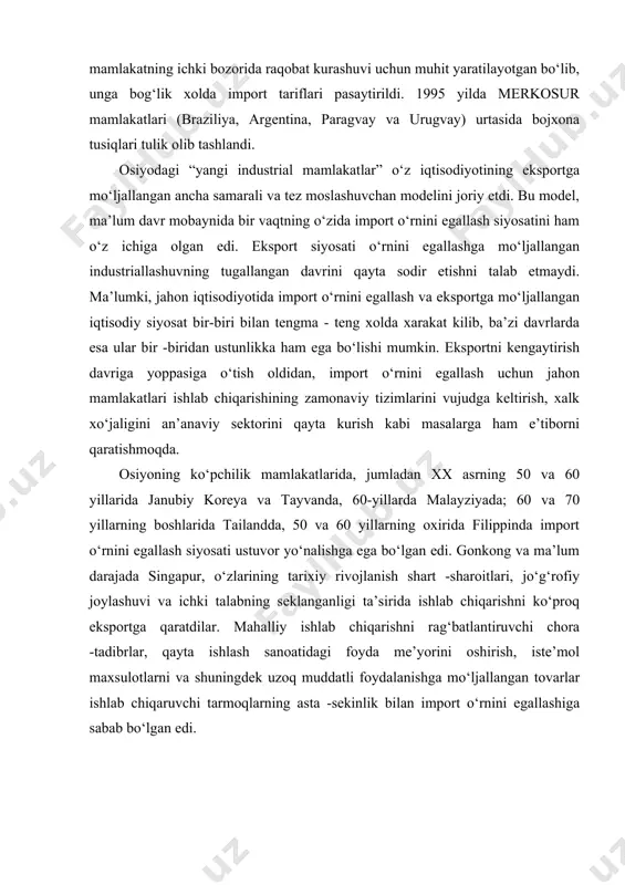 ar ishlab chiqaruvchi tarmoqlarning asta -sekinlik bilan import o‘rnini egallashiga sabab bo‘lgan edi. aqsh, yaponiya, germaniya, shvetsiya, xitoy modellari va ularning o‘ziga xos xususiyatlari jamiyatni taraqqiy ettirish va iqtisodiyotni isloh qilish yo‘llarining xilma-xilligi bir qancha omillarga bog‘liq. avvalambor, bunga ularning aniq maqsadni ko‘zlab yo‘naltirilishi va iqtisodiyotning amal qilish prinsiplari sabab bo‘ladi. rivojlanayotgan yosh mamlakatlar o‘z oldilariga erishish osonroq bo‘lgan maqsadlarni qo‘yib, «muqobil rivojlanish» nazariyasining turli konsepsiyalariga tayanib, o‘z yo‘llarini mana shu konsepsiyalar doirasida izlashga majbur edilar. bu konsepsiyalarning asosiylari quyidagilar: - «asosiy ehtiyojlar» konsepsiyasi. aholining eng kam tirikchilik ehtiyojini kafolatli tarzda ta’minlash va ish bilan band qilish muammolarini hal etish ushbu konsepsiyaning asosiy maqsadidir; «maqbul yoki tegishli texnologiya» konsepsiyasi. bu konsepsiya aholi bandligini ta’minlaydigan va mahalliy xomashyoni, avvalo qishloq xo‘jalik xomashyosini qayta ishlashga qaratilgan sermehnat texnologiyani rivojlantirish zarurligiga asoslanadi; «o‘z kuchiga jamoa bo‘lib tayanish» konsepsiyasi. bu konsepsiya mavjud zaxiralardan to‘liqroq foydalanishga va rivojlanayotgan mamlakatlarning taraqqiy etgan mamlakatlarga qaramligini kamaytirish maqsadida …