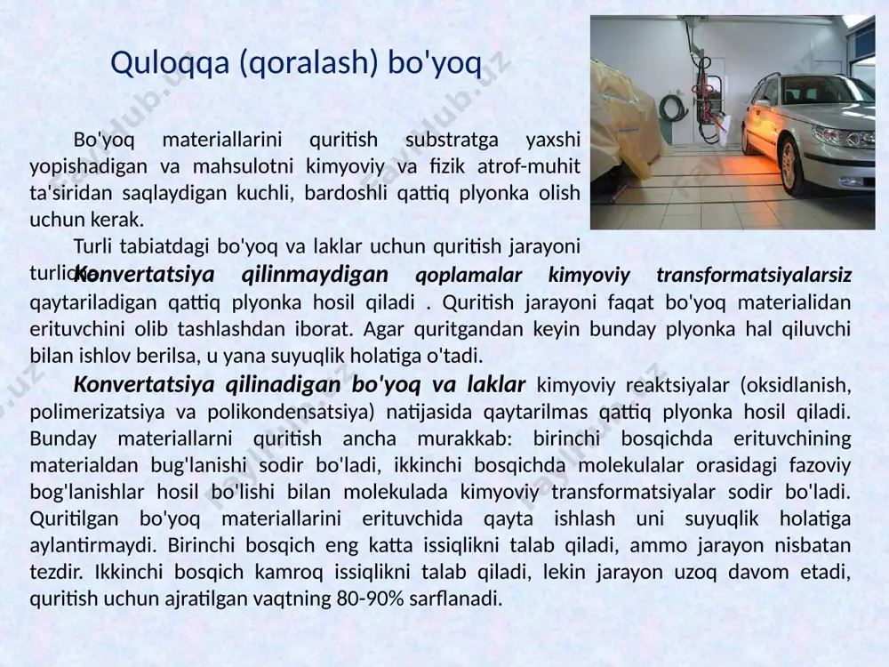 ni sezilarli darajada tezlashadi . sun'iy va tabiiy quritishning qiyosiy tavsiflari sun'iy quritish paytida dastlabki davrda mahsulotni isitish uchun issiqlikning sezilarli darajada yutilishi va erituvchining bug'lanishi sodir bo'lganligi sababli, bo'yalgan qismga nisbatan kuchli havo harakati hosil bo'ladi. bu quritishni tezlashtirish uchun erituvchi bug'larini olib tashlashni ta'minlaydi, shuningdek, atrofdagi bo'shliqda erituvchining portlovchi kontsentratsiyasining shakllanishini yo'q qiladi. sun'iy quritish usullari konveksiya bilan quritish - issiq havo; termoradiatsion quritish - infraqizil nurlar bilan; induksion quritish - yuqori chastotali induksion oqimlar; simob-kvars lampalar bilan quritish - ultrabinafsha nurlar; "elektron qurol" - tezlashtirilgan elektronlar nuriga ta'sir qilish; kombinatsiyalangan quritish - yuqoridagi usullarning kombinatsiyasi. 1 2 3 4 5 lmb harorat quritish, taxminan c quritish vaqti konvektsiya, h termoradiatsiya, min emal pf-133 och kulrang 18 - 20 80 100 24 - 36 1.5 1.0 - 48 36 emaye ep-74 qora yarim porloq 18 - 20 150 ∞ 1.0 - 10 emal ms-17 18 - 20 0,5 …