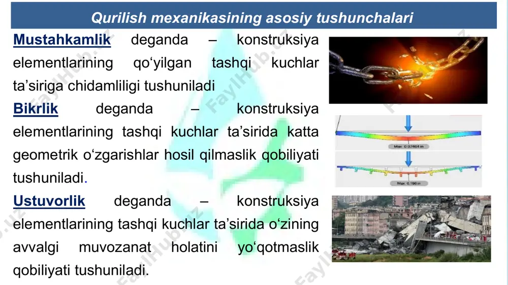 stemalar inshootlar hisoblash tarhlarining turlari b) plastina, plita va qobiqlardan tashkil topgan inshootlar bularga, imorat qavatlari orasini yopuvchi plitalar, betondan quyilgan yo’l plitalari va hokazolar misol bo’ladi. plastina yoki plita bunga, turli me’morchilik gumbazlari, tomyopmalar, samolyot fyuzelyajlari va hokazolar misol bo’la oladi. qobiq inshootlar hisoblash tarhlarining turlari d) massiv inshootlar imorat poydevorlari, ko’prik tayanchlari va hokazolar kiradi. inshootlar hisoblash tarhlarining turlari ii. inshoot elementlarining o‘zaro bog‘lanishiga ko‘ra quyidagicha bo‘ladi: a) sharnirli bog‘lanishli inshootlar. d) kombinatsiyali bog‘lanishli inshootlar b) bikr bog‘lanishli inshootlar fermalar ramalar комbinatsiyalashgan sistemalar inshootlar hisoblash tarhlarining turlari iii. inshoot elementlarining joylashishiga ko‘ra yassi va fazoviy sistemalarga bo‘linadi. yasssi ferma fazoviy ferma fazoviy rama p a b p a b yassi rama 30 inshootlar hisoblash tarhlarining turlari iv. inshootlar tayanch reaksiyalarining yo‘nalishiga ko‘ra havonli va havonsiz sistemalarga bo‘linadi. havonsiz sistema havonli sistema 31 inshoot tayanchlari va ularning turlari. hisоbiy sхеmаdа таyanchlаrning sхеmатik ko'rinishlаri shаrnirli таyanchlаr qisтirib mаhkаmlаngаn таyanch shаrnirli …