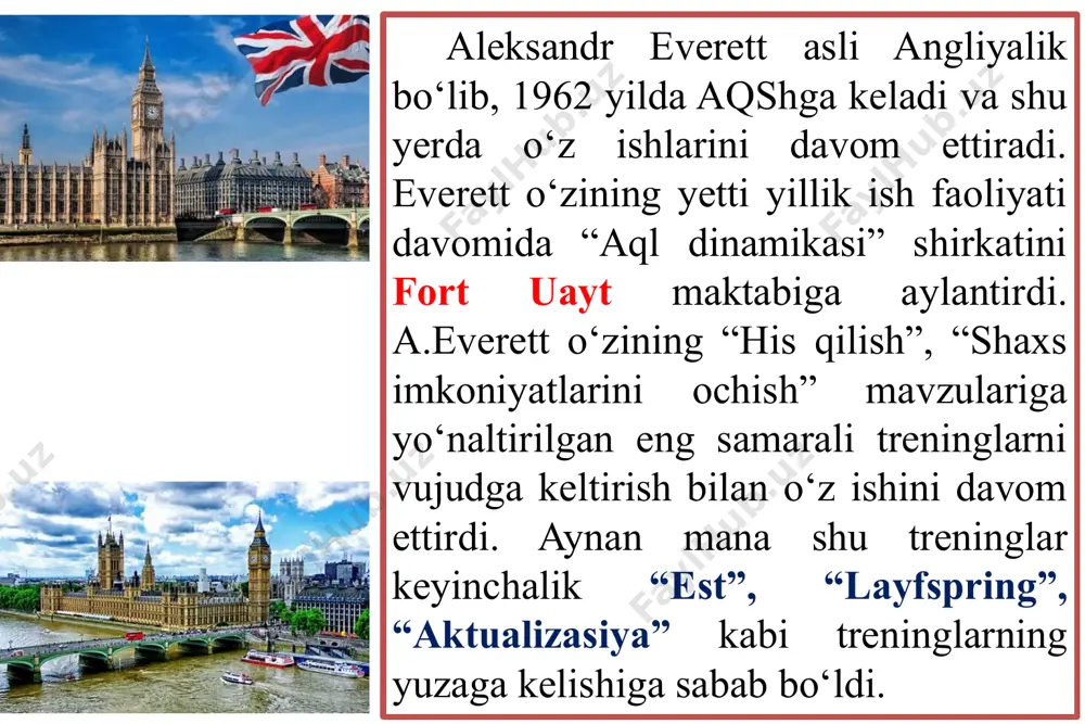 . kamolot yo‘liga tushgan insonni vijdon ruhiy og‘riqlarga giriftor etib, amalga yuzma-yuz qilib qo‘yadi, yurakni qo‘rquv va gunoh, shubha va ishonch oralab o‘tadi. uyg‘oq vijdon eng oxirgi chegaragacha odamni yolg‘izlantiradi. shundan boshlab, o‘lim cheklanadi. naqshbandiya tariqati asosida esa har bir insonning halol, pok bo‘lishi, o‘z mehnati bilan hayot kechirishi kerakligi, shuningdek, sabr-qanoatli, kamtar bo‘lishi, iymon va e’tiqodini mustahkam tutishi, dilida xudoni jo etib, amalda xalq bilan birga bo‘lish kabi olijanob xislatlarni tarkib toptirish yotadi. shaxsni barkamollashiruvchi treninglarning ishtirokchilari kimlar bo‘ladi? bu savolga quyidagicha javob berish mumkin. shaxsni barkamollashtiruvchi treninglarga turli xil toifadagi kishilar buyurtmachi bo‘lishadi yoki tashrif buyurishadi. aleksandr everettning ta’kidlashicha, “aql dinamikasi” treninglari o‘z ildizlariga ko‘ra ruhiy va shaxsiy barkamollik yo‘nalishidagi g‘oyalarni o‘rganish asosida rivojlangan. shaxsni barkamollashtiruvchi treninglar shaxsdagi faoliyat mahsuli bo‘lgan va hayotiy tajribalardan kelib chiquvchi ichki chuqur ustanovkalarni, dunyoqarashlarni va munosabatlarni o‘zgartirishga yordam beruvchi mashg‘ulot hisoblanadi. bunday trening ishtirokchisi bo‘lgan shaxsda kuchli ilhomlantiruvchi va shijoatli ustanovkalar paydo …