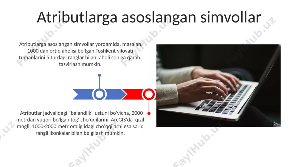 ko'rsatish mumkin. arcgis’da toshkent shahri xaritasida 1:50 000 masshtabda ko'rsatilgan 5 ta turli xil inshootlar (masalan, maktablar, kasalxonalar) uchun rangli kartografik ramzlarni qo'llash orqali ularni aniq va tushunarli aks ettirish mumkin. kartografik ramzlarni qo'llash polygon simvollarini yaratish polygon simvollarini yaratishda, masalan, toshkent shahri xaritasida 10 turdagi yer uchastkalarini 5 xil rang va 2 xil naqsh bilan farqlash mumkin, bu esa vizual aniqlikni oshiradi va ma’lumotlarni tahlil qilishni yengillashtiradi. polygon simvollariga qoʻshimcha ravishda, 3d effektlar va matnli yorliqlar qoʻshish orqali, masalan, samarqanddagi tarixiy binolar xaritasida, har bir polygonning ma’lumot mazmunini boyitish va aniqroq ifodalash mumkin. ranglarni graduirovka qilish arcgis-da, 0 dan 100 gacha bo'lgan qiymatlar oralig'ida 256 rangdan iborat graduirovka sxemasini yaratish orqali, samarqand viloyatining relyef balandligini aniq tasvirlash mumkin. ranglarni graduirovka qilishda, masalan, toshkent shahri atrofidagi 1000 dan ortiq mahallalarning aholisi zichligini ko'rsatish uchun, qizil rangdan yashil ranggacha bo'lgan 5 darajali rang sxemasi qo'llanilishi mumkin. nuqta simvollarini yaratish нуқта рамзларини …