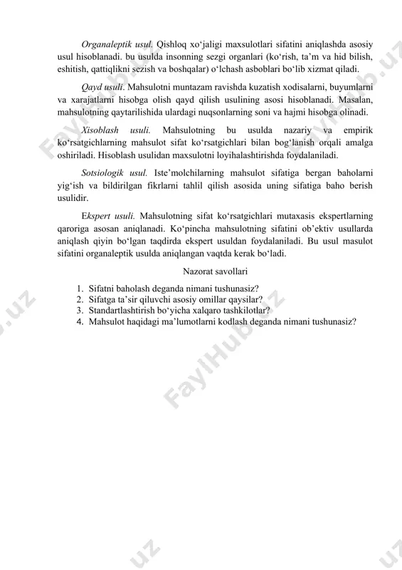 amaldagi standart va sinash usullari yordamida amalga oshiriladi. qishloq xo‘jaligi mahsulotlari sifatini nazorat qilishda qo‘llaniladigan o‘lchash vositalariga qarab, nazorat turlari quyidagilarga bo‘linadi: o‘lchash usuli. mahsulot sifatini o‘lchab nazorat qilish ma’lum bir o‘lchov asbob – uskunalari yordamida amalga oshiriladi. o‘lchash usullari qo‘llaniladigan usulning asosiga qarab kimyoviy, fizik, biologik, mexanik, mikroskopik, fizik - kimyoviy, texnologik va fiziologik bo‘lishi mumkin. organaleptik usul. qishloq xo‘jaligi maxsulotlari sifatini aniqlashda asosiy usul hisoblanadi. bu usulda insonning sezgi organlari (ko‘rish, ta’m va hid bilish, eshitish, qattiqlikni sezish va boshqalar) o‘lchash asboblari bo‘lib xizmat qiladi. qayd usuli. mahsulotni muntazam ravishda kuzatish xodisalarni, buyumlarni va xarajatlarni hisobga olish qayd qilish usulining asosi hisoblanadi. masalan, mahsulotning qaytarilishida ulardagi nuqsonlarning soni va hajmi hisobga olinadi. xisoblash usuli. mahsulotning bu usulda nazariy va empirik ko‘rsatgichlarning mahsulot sifat ko‘rsatgichlari bilan bog‘lanish orqali amalga oshiriladi. hisoblash usulidan maxsulotni loyihalashtirishda foydalaniladi. sotsiologik usul. iste’molchilarning mahsulot sifatiga bergan baholarni yig‘ish va bildirilgan fikrlarni tahlil qilish asosida …