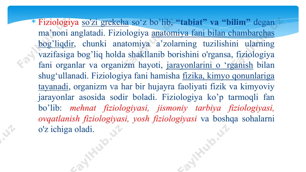 ди ва буни бўйнинг биринчи физиологик чўзилиш даври деб аталади. болаларнинг вазни ҳам бир хилда кўпаймайди. 4 ёшли боланинг оғирлиги қарийб 1,6 кг га кўпаяди, 5 ёшда 2 кг га яқин, 6 ёшга бориб 2,5 кг, яъни ўртача ҳисобда йилига 2 кг га кўпаяди. 6-7 ёшга бориб, боланинг оғирлиги 1 яшарлигидагига нисбатан 2 баравар ошиши керак. бу ёшда тери тобора қалинлашади, эластиклашади, унда қон-томирлар сони камаяди, у механик таъсирларга анчагина чидамли бўлиб қолади. 6-7 ёшгача бўлган болалар терисининг сирти 1 кг вазнга нисбатан ҳисобланганда катталарникига қараганда кўпроқ бўлади, шу сабабли улар салга иссиқлаб кетиши ёки совуқ қотиши мумкин. yosh fiziologiya va gigiena: turli yoshdagi organizmlarni rivojlanishini o’rganadi. sog’lom avlod jamg’armasi. (1993 y 3 dek) 2. sog’lom avlod dasturi (1993y 589-qaror) 3. sog’lom avlod ordeni (1999y 4 mart) 4. sog’lom avlod yili ishlab chiqilgan (2000y) . ‘’sog'lom avlod’’ dasturi: 1.har bir xalq ta’limi xodimi tibbiy va gigiyenik bilimlarga ega bo'lishi; 2. …