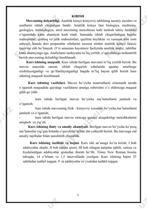 exnika va sanoatning rivojlanishini ta’minlovchi asosiy qurollardan biridir. aniqligi yuqori bo’lgan miqdoriy aniqlash usullarining ishlab chiqarishga joriy etilishi ko’p jixatdan atom va yarim o’tkazgichlar texnikasi, issiqlikga chidamli qotishmalar, yuqori sifatli polimer materiallar ishlab chiqarishni ta’minlaydi. bugungi kunda miqdoriy analiz turli kimyoviy, fizikaviy, fizik - kimyoviy va biologic usullar yordamida bajariladi. bu usullar orasida zamonaviy fizikaviy va fizik – kimyoviy usullar muhim o’rin tutadi. ular moddalarning o’lchanadigan xossalari bo’yicha elektrokimyoviy, spektraskopik, xramatogrfik va boshqalarga bo’linadi. elektrokimyoviy usullarda elektirik kattaliklar (elektr o’tkazuvchanlik, potensial, diffusion tok, elektr miqdori va boshqalar) o’lchanadi. optikaviy usullarda elektr magnit nurlarining yutilishi, chiqarilishi, sindirilishi kabi xossalar tekshiriladi. biologik usullar ta’m, xid va boshqa sezgi organlarining xususiyatlarida asoslangan. miqdoriy analizning sinflarga ajratilishi : i. fizik usul: 1.refraktometriya 2.yamr 3.ub(ultra binafsha) 4.ik(infra qizil) ii. fizik – kimyoviy usul: 1.spektroskopiya : a) atom spektraskopiya b) molelulyar spektraskopiya 2.xromatografiya: a) gaz xramatografiyasi b) suyuqlik xramatografiyasi c) qattiq xramotografiya 3. elektrokimyoviy: a) konduktometrik …