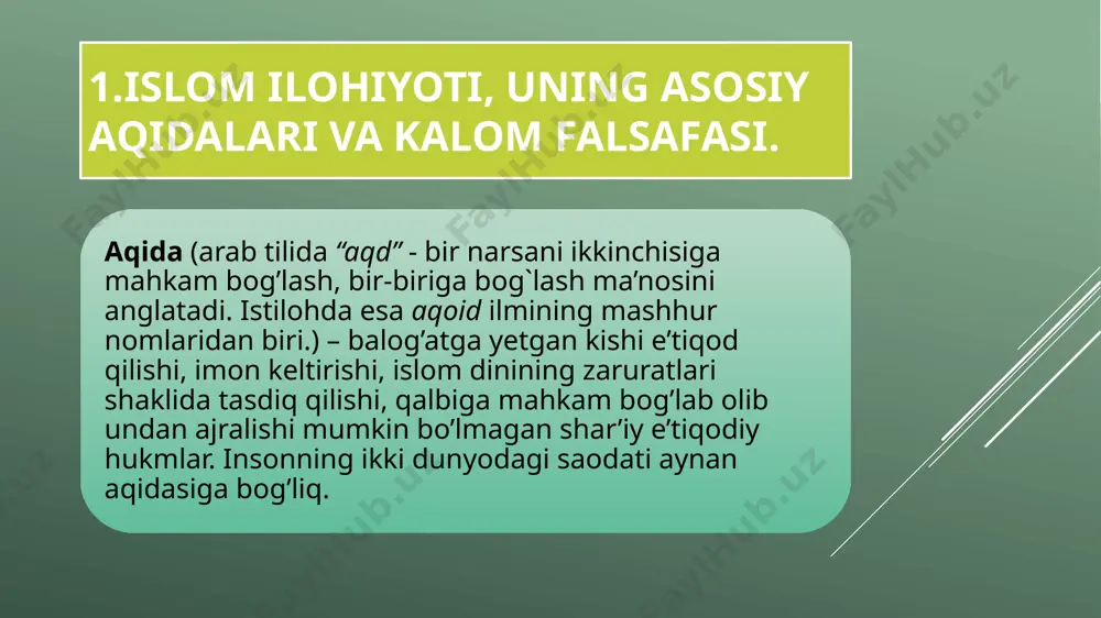 lom paydo bo’ldi”. ilmi kalom paydo bo’lgan vaqtga kelib aqidaga oid masalalarga avvalgi vaqtlarga o’xshab faqat qur’on va sunnatdan dalil keltirish bilan kifoyalanib bo’lmay qolgan edi. qarshi taraf aqliy dalil keltirishni ham talab etardi. imоn, shirk, kufr, qiyomat, jannat va do’zax tushunchalarining mazmun-mohiyati. mаzkur mаsаlа yеchimi ko’p qirrаli. qo’yilgаn mаsаlаni hаr kim o’z mа’nаviy dunyosi o’lchаmi bilаn o’lchаb, shungа yarаsha hаtti-hаrаkаt qilаdi. insоnning chin mа’nоdаgi insоnligi- uning imoni, diyonаti, mеhr-оqibаti, pоkligi vа hаlоlligi, kаmtаrligi vа bоshqаlаr bilаn o’lchаnаdi. bu umumiy tаrzdа insоniylik tushunchаsi bilаn ifоdаlаnаdi. insоniylik esа fаqаt imonli insоnlаrdаginа bo’lаdi. tasavvuf (sufizm) ta`limoti va tariqatlari. tasavvuf. mistisizm, mistika so’zlari qadimiy yunon tilidagi mistikos - yashirin, sirli ma’nolaridagi so’zdan olingan bo’lib, ilohiyot bilan bevosita muloqot qilish mumkinligi haqidagi ta’limot. bu ta’limot insonning xudo bilan aql va hissiyotdan yuqori bo’lgan sirli aloqasi bo’lib, uning natijasida insonda xudoni bilish hosil bo’ladi. qadimiy sharq va yunon dinlarida ham insonni g’ayritabiiy kuchlar bilan bog’laydigan …