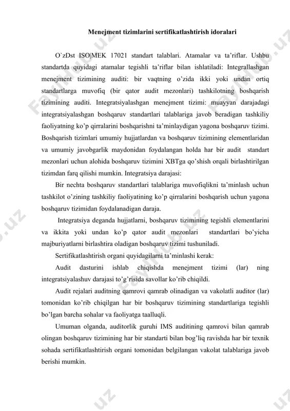 ruhi ims auditining qamrovi bilan qamrab olingan boshqaruv tizimining har bir standarti bilan bog’liq ravishda har bir texnik sohada sertifikatlashtirish organi tomonidan belgilangan vakolat talablariga javob berishi mumkin. auditorlik guruhini boshqarish, audit o’tkaziladigan standartlar spetsifikatsiyalarning kamida bittasida vakolatlarga ega bo’lgan guruh rahbari tomonidan amalga oshirilishi mumkin. ushbu auditni qamrab olgan standartlarga muvofiq, tashkilotning boshqaruv tizimini auditni to’liq va samarali yakunlash uchun zarur bo’lgan vaqt belgilandi. ikki yoki undan ortiq boshqaruv tizimining standartlarini qamrab oladigan ums uchun audit davomiyligini aniqlash uchun sertifikatlashtirish organi: a) boshqarish tizimi uchun har bir standart uchun talab qilinadigan audit davomiyligini alohida-alohida hisoblash (tegishli hujjatlar va yoki har bir standart uchun sxema qoidalari, masalan iaf md 5, iso ts 22003, iso iec 27006); alohida qismlarni yig’ish yo’li bilan ums auditining davomiyligining boshlang’ich qiymatini (masalan, t = a + b + c) hisoblash; audit uchun zarur bo’lgan vaqtning ko’payishi yoki kamayishiga olib keladigan omillarni hisobga olgan holda davomiylik …