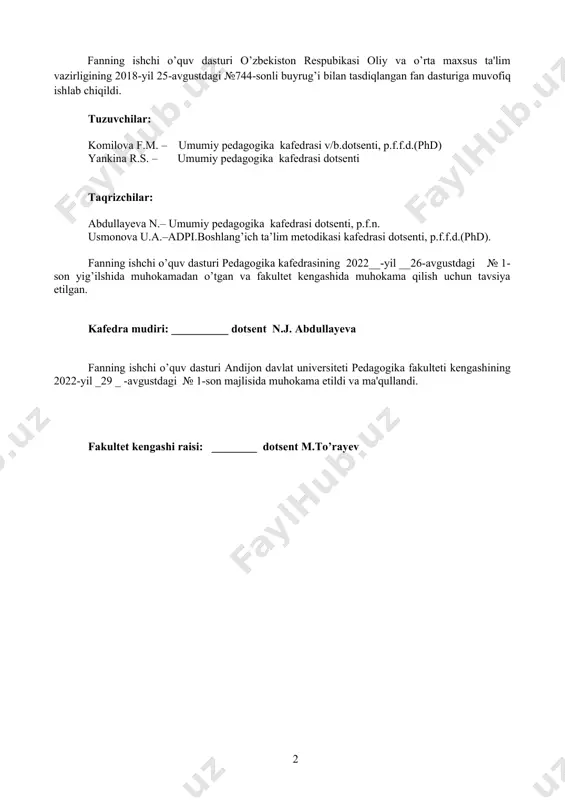 mashg’ulotlari № ma’ruza mavzulari soatlar modul: pedagogika tarixi 1 eng qadimgi davrlardan y ii-asrgacha ta’lim-tarbiya va pedagogik fikriar. 2 2 vii asrdan xiv asrning yarmigacha o’rta osiyoda tarbiya, maktab va pedagogik fikrlar. 2 3. sharq uyg’onish davrida pedagogik fikrlarning rivojlanishi. 2 4. sharq pedagogik ta’limotida ta’limiy-axloqiy qarashlar. 2 5 xiv- asrning ikkinchi yarmi va xvi- asrda movaraunnahrda tarbiya va maktab. 2 6 xiv-xvi asrlarda tarbiya, maktab va pedagogik fikr taraqqiyoti. 2 7 xvii asrdan xx asrning birinchi yarmigacha tarbiya, maktab va pedagogik fikrlar rivoji. 2 8 turkistonda jadidchilik harakati va ta’lim-tarbiya. 2 9 hozirgi davrda jahon mamlakatlari ta’lim tizimi va pedagogika fani rivoji. 2 10 jahon mamlakatlari ta’lim tizimi. 2 11 ijtimoiy pedagogik faoliyat pedagogika fani sohasi sifatida. 2 12 oila bilan olib boriladigan ijtimoiy-pedagogik faoliyat. 2 13 deviant xulq – ijtimoiy pedagogik muammo sifatida. 2 14 o‘smirlarda deviant xulq-atvor sabablari 2 15 pedagogik mahorat va uning o‘qituvchi faoliyatidagi o‘rni. …