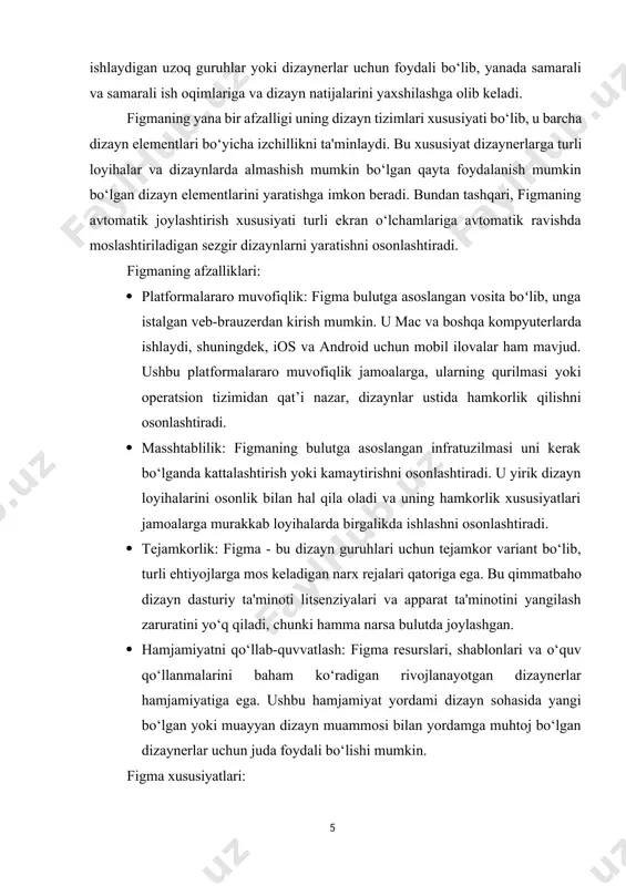 ishga tushirilgan hamda tez fursat ichida grafik dizaynerlar o’rtasida eng mashhur vositalardan biriga aylandi. bu postda figma’ning qanday xususiyatlarga egaligi va nima uchun uni hoziroq o’rganishni boshlashingiz kerakligi haqida aytib o’taman. 3- rasm figma’ning ishchi oynasi bulutli fayllarni saqlash. barcha figma fayllari kompyuteringizda emas, balki cloud-bulutda saqlanadi. shuning uchun, siz ularning xavfsizligi haqida qayg’urmasangiz ham bo’ladi. menga eng yoqadigan qismi: figma’dagi barcha o’zgarishlar avtomatik ravishda saqlanadi (auto saving). lekin esdan chiqarmaslik lozim: fayldagi tasvirlar qancha ko’p bo’lsa, ularning oxirgi ko’rinishini yuklab olinishini kutishingiz kerak bo’ladi. ramkalar. photoshop’dagiga o’xshash figma ichidagi qulay vosita. uning ichida dizaynerlar dastur ekranlarini loyihalashtira oladi. 5- rasm ramka hoosil qilish har safar ramkalarning balandligi va kengligini moslashtirmaslik uchun ishlab chiquvchilar turli xil qurilmalar uchun bir nechta standart o’lchamlarni taqdim etdilar: masalan, barcha turdagi iphone va eng mashhur android smartfonlari uchun. komponentlar. ushbu elementlar sizning ishingizni mutlaqo standartlashtirishga imkon beradi. komponentlar yordamida siz loyihaning umumiy uslubini o’rnatishingiz …