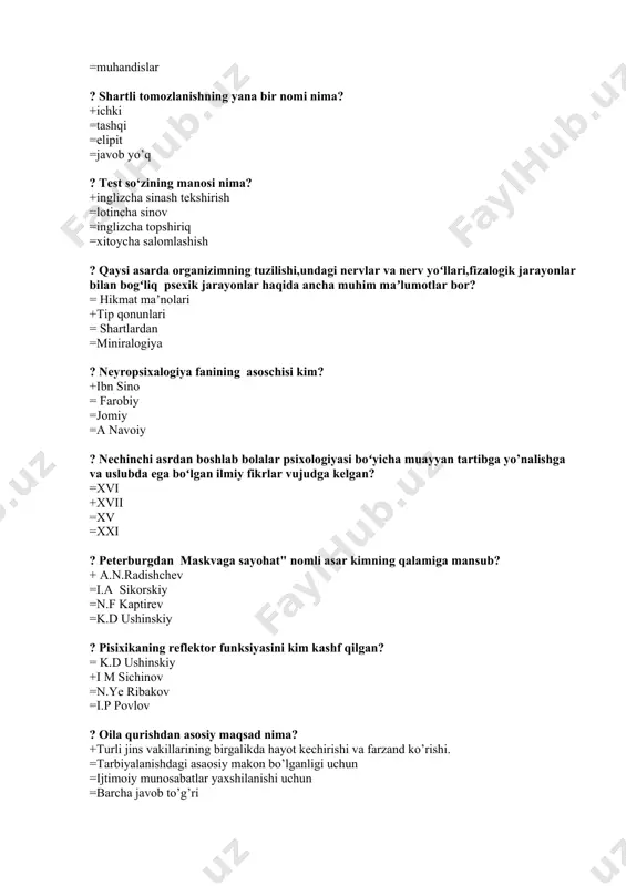 ko’rishi. =tarbiyalanishdagi asaosiy makon bo’lganligi uchun =ijtimoiy munosabatlar yaxshilanishi uchun =barcha javob to’g’ri ? “ongli yashaydigan har bir insaon yaxshi anglaydiki bu yorug’ olamda hayot bor ekan hayot abadiyligi bebaho nemat bo’lmish farzand bor” ushbu fikr muallifi kim? +i. karimov = sh. mirziyoyev = sh. rashidov =buxoriy ? nikoh tuzish uchun ma’lum yoshga yetgan bo’lishi kerak necha yosh? =o’g’llar 19 qizlar 18 +o’g’llar 18 qizlar 17 = o’g’llar 20 qizlar 20 =o’g’llar 18 qizlar 18 ? ota-onalar o’z farzandlarini voyaga yetgunga qadar boqishga majburdirlar nechanchi modda? +64 = 65 =63 =66 ? jamiyatning asosiy bo’g’ini nima? =farzand = nikoh + oila =jamiyat va davlat ? mamlakatimizda qachon “mustahkam oila yili’’ deb e’lon qilingan? + 2012 = 2013 = 2016 =2014 ? konistitutsiyamizda oila uchun maxsus nechta bob ajratilgan? + 19 = 20 = 21 =18 ? kim sinfdagi o'quv jarayonini tashkilotchisi hisoblanadi? = o'quvchi + o'qituvchi = yosh avlod =maktab …