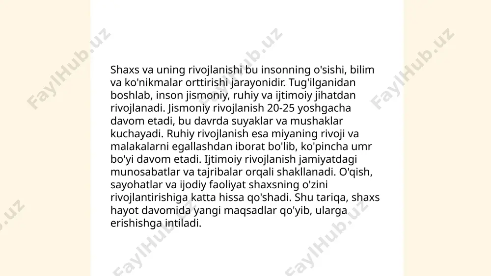 ta'sir qiladi. shaxsning jamiyatdagi roli o'z qobiliyatlarini rivojlantirish, ma'lum vazifalarni bajarish va ijtimoiy jarayonlarda ishtirok etish orqali amalga oshadi. o'zbekiston aholisi taxminan 35 million kishi bo'lib, ularning 50% dan ortig'ini yoshlar tashkil qiladi. bu holatda yoshlarga to'g'ri yo'nalish berish muhim. shaxs jamiyat rivojida faol ishtirok etganda, umuman ijtimoiy taraqqiyotga katta hissalar kirita oladi. jamiyat esa shaxsning huquq va erkinliklarini himoya qilish orqali uning rivojlanishini ta'minlashi zarur. ... t.me/slaydai_bot shaxsning ijtimoiylashuvi jarayoni insonning jamiyatga moslashishi va unda faol ishtirok etishidir. bu jarayon tug‘ilishdan boshlanib, butun umr davom etadi. o‘zbekistonda ijtimoiylashuv asosan oila, maktab va jamiyat orqali amalga oshiriladi. oila bu borada jami 70-80% ta’sir kuchiga ega. maktab va ta’lim muassasalari esa 15-20% gacha ta’sir ko‘rsatadi. shaxs ijtimoiylashuvi davomida axloqiy qadriyatlar va madaniy me’yorlarni o‘zlashtiradi. statistikaga ko‘ra, aholining 60% dan ortig‘i o‘zini an’anaviy oilaviy qadriyatlar tarafdori deb hisoblaydi. ijtimoiy institutlar ham ijtimoiylashuvning muhim bo‘lagi bo‘lib, ular yordamida shaxs jamiyat talablariga mos keladigan …