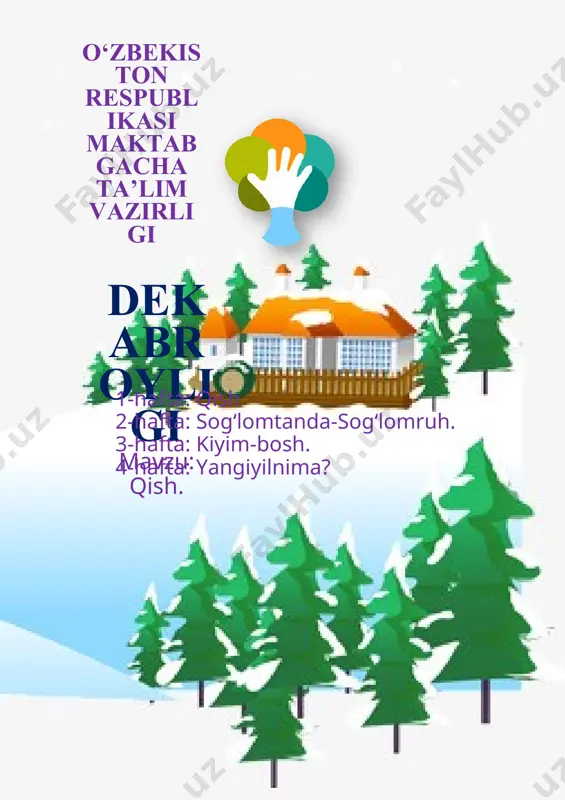 vazirligi ) ( mart oyligi m avzu : go‘zalbahor . ) ( 1- hafta: onamningkuni . 2-hafta: mavsumiyo‘zgarishlar . 3-hafta: xalqmanbalari . navro‘zbayrami . 4-hafta: hasharotlar . ) ( o‘zbekiston respublikasi maktabgacha ta’lim vazirligi ) ( 1- hafta: gullabyashnayotganbahor . 2-hafta: koinotsirlari . 3-hafta: yersayyorasikuni . 4-hafta: sayyoranisaqla . ) ( aprel oyligi m avzu : yersayyorasi-umumiyuyimiz . ) ( o‘zbekiston respublikasi maktabgacha ta’lim vazirligi ) ( 1- hafta: men va meninguyim. xotirakuni . 2-hafta: mebel . 3-hafta: idishlar . milliynaqsh lar . 4-hafta: bizningyordamchilarimizmaishiyasboblar . ) ( may oyligi m avzu : asboblarvaanjomlar . ) ( o‘zbekiston respublikasi maktabgacha ta’lim vazirligi ) ( sentabr oyligi m avzu : o‘ zbekistonmeningvatanim . ) ( 1- hafta: men vabolalarbog‘chasi . 2-hafta: meningshahrim -meningmahallam . 3-hafta: men vameningoilam . 4-hafta: men vameningdo‘stlarim . ) ( o‘zbekiston respublikasi maktabgacha ta’lim vazirligi ) ( 1- hafta: oltinkuz . 2-hafta: tabiatomborxonasi : sabzavotlar , mevalar …