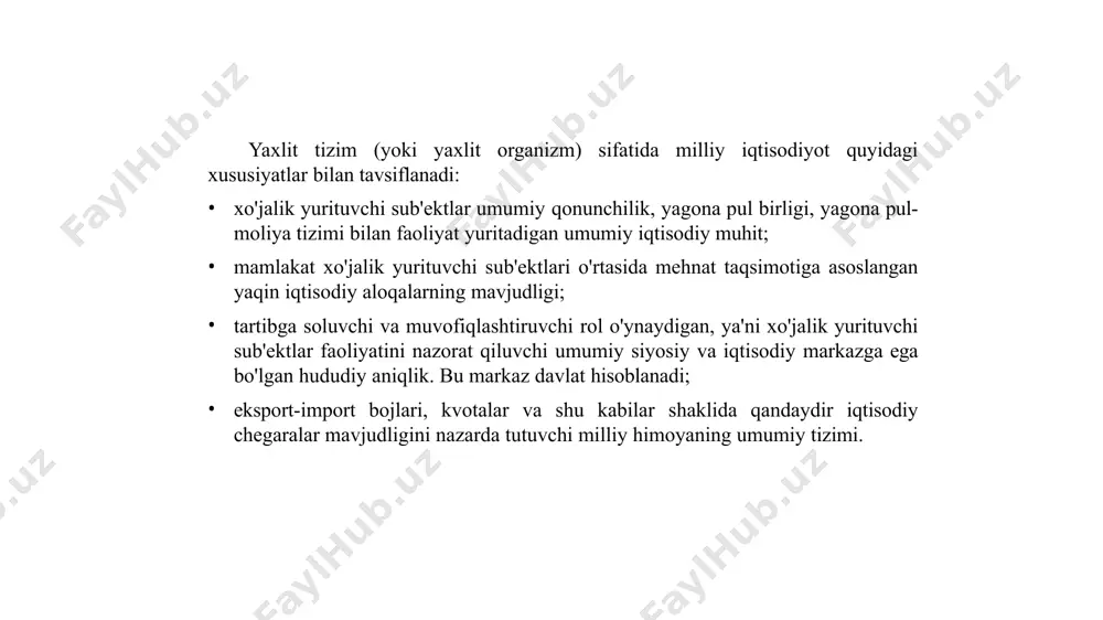 arajasi; yuqori, barqaror bandlik darajasi; muvozanatli tashqi savdo balansini saqlash. milliy mahsulot o'sishining barqarorligi milliy iqtisodiyot me’yorida faoliyat qilish va barqaror o‘sishi uchun barcha tarmoq va ishlab chiqarish sohalarining o‘zaro bog‘liqligi va muvozanatli rivojlanishi talab qilinadi. milliy iqtisodiyot tarkibiy tuzilmasining shakllanishida quyidagi omillar ta’sir ko‘rsatadi: mavjud bozor kon’yunkturasi, bozorlar sig‘imi va monopollashuv darajasi, mamlakatning xalqaro mehnat taqsimotidagi ishtiroki, ishlab chiqaruvchi kuchlarning rivojlanish darajasi, fan-texnika taraqqiyotining miqyoslari, tavsifi va rivojlanish sur’atlari, ishlab chiqarish resurslarining sifati, hududlarning er maydonlari va infratuzilma ob’ektlari bilan ta’minlanganligi, ekologiya holati. milliy iqtisodiyotda ishlab chiqarish, xizmat ko‘rsatish hajmi va ularning o‘sishi bir qator ko‘rsatkichlar tizimi orqali, mikro- va makroiqtisodiy darajada aniqlanib, tahlil qilinadi. barqaror narx darajasi shuni hisobga olish kerakki, uzoq vaqt davomida o'zgarmagan narxlar yalpi ichki mahsulotning o'sish sur'atlarini sekinlashtiradi va bandlikni kamaytiradi. past narxlar iste'molchi uchun foydali, lekin ishlab chiqaruvchini rag'batlantirishdan mahrum qiladi, yuqori narxlar esa, aksincha, ishlab chiqarishni rag'batlantiradi, lekin aholining xarid qobiliyatini pasaytiradi. …