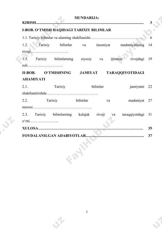 o‘tmishni yoritishda, balki hozirgi va kelajakdagi ijtimoiy, siyosiy, madaniy va iqtisodiy jarayonlarni tushunishda ham asosiy vositadir. tarixiy bilimlar orqali jamiyat o‘zining ildizlarini, qadriyatlarini, yutuqlarini va xatolarini aniqlash imkoniyatiga ega bo‘ladi. o‘zbekiston mustaqillikka erishganidan so‘ng, tarixiy bilimlarni o‘rganish va saqlash masalalari yanada dolzarb bo‘lib, ularni yosh avlodga yetkazish hamda milliy o‘zlikni anglash borasida katta ishlar amalga oshirildi. tarixiy merosning asosiysi bo‘lmish ajdodlarimizning ma’naviy va madaniy yutuqlarini o‘rganish, faqat o‘tmishni bilish emas, balki uning asosida jamiyatni rivojlantirishda yangi qarashlarni shakllantirishga xizmat qiladi. o‘zbekistonning zamonaviy taraqqiyoti va dunyo sahnasidagi o‘rni, o‘zining tarixiy ildizlariga, milliy qadriyatlariga va madaniy merosiga qanchalik e’tibor qaratishiga bog‘liq. tarixiy bilimlarning siyosiy va ijtimoiy rivojlanishdagi roli ham alohida e’tiborga molikdir. har bir jamiyatning o‘z tarixini bilishi, o‘tmishda sodir bo‘lgan voqealarni tahlil qilish va ulardan saboq olish uning siyosiy qarorlarida va jamiyatni boshqarishdagi yondashuvlarida katta ahamiyatga ega. jamiyat o‘z tarixidan to‘g‘ri xulosa chiqara olish orqali kelajakda ijtimoiy barqarorlikka erishishi, taraqqiyotning yangi …