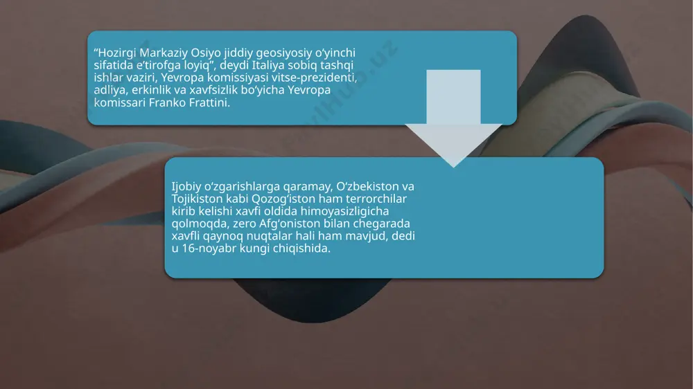 iy kurashlar tо’xtab qolgani yо’q. aksincha, jahon maydonlarini mafkuraviy jihatdan bо’lib olishga urinishlar turli yо’llar bilan amalga oshirilmoqda. bunday mafkuraviy ta‘sirlardan mustaqillikka erishgan markaziy osiyo hududi ham chetda qolgani yо’q. «fundamentalizm» va «yekstremizm» g’oyalarining markaziy osiyoga kirib kelishidan kо’zlangan maqsad diniy qadriyatlarni qaytadan tiklash emas, balki ana shu g’oyalardan vosita sifatida foydalanish orqali mintaqada beqarorlikni, diniy asosdagi va millatlararo nizolarni vujudga keltirish, oxir-oqibat esa hokimiyatni qо’lga kiritishdir. bu urinishlar ostida esa tarix sahifasida qolib ketgan halifalikni tiklash g’oyasiga zо’r berilmoqda. image6.jpeg image8.png image9.png /docprops/thumbnail.jpeg