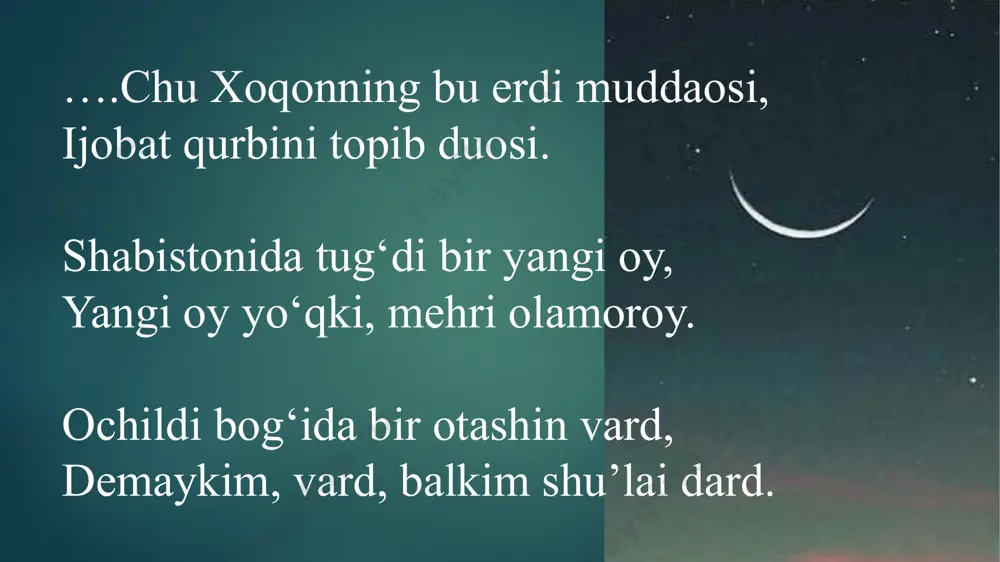 lur bazmini gulshan, aning birla ko‘rar olamni ravshan. mehinbonu bila shirin surub ot ki, qasr ollig‘a yetkaylar sudin bot. va lekin suv bo‘lub andoq sabukrav ki, yetmay girdig‘a xingi sabukdav. chu oshiq ongladi qilg‘och taammul ki, yeldin tushkudekdur yer uza gul. yer o‘rmaklikka majnundek xam o‘ldi, quyosh ostida gardundek xam o‘ldi. ko‘tardi orqasig‘a bodroni, nechukkim bodro ul dilraboni. bir ilgi ikki qo‘lin qildi mahkam, yana bir ilgi ikki butlarin ham. bu majlis ichra hozir o‘n dilorom, bori ham sarv qomat, ham gulandom. bu fanlarda bular bir-birdin ahsan yuz ul fanliq aro har qaysi yakfan. diloromu diloroyu diloso, gulandomu sumanbo‘yu sumanso. parichehru parizodu parivash, paripaykar zihi o‘n ismi dilkash. bu tarix ichra mag‘rib hukmroni, ne mag‘ribkim, jahon kishvarsitoni. ajam birla arab mulkida dovar, arab birla ajamg‘a shohu sarvar. shahi erdiki derlar oni xusrav, mutii amri garduni sabukrav. jahon mulkin tutub xaylu sirohi, madoyin mulki oning taxtgohi. qilib jononi otin tilga ta’lim, …