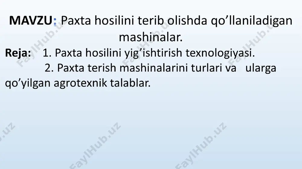 xta sidirgich; 10-havo quvuri. paxtani mashinada terishga qo’yiladigan agrotexnik talablar - mashinaning terim to’liqligi, kamida 90%; - yerga to’kilgan paxta miqdori, ko’pi bilan 4%; - 10 m yurganda yerga to’kilgan ko’saklar soni, ko’pi bilan 3 dona; - bunkerdagi paxta iflosligi, ko’pi bilan 8%; - chigitning jarohatlanishi, ko’pi bilan 1%; - terim paytida chigitdan tolani ajralishi, ko’pi bilan 0,3% tashkil etishi kerak. paxta hosilining ochilgan qismini terib olish uchun ”keys- 2022”(gorizontal shpindelli paxta terish mashinalaridan foydalanilmoqda. mashinaning ish jarayoni: 1- traktor; 2- so’ruvchi kanal; 3- ventilyator; 4- haydovchi kanal; 5- g’o’zapoya ko’targich; 6- terish apparati; 7- shpindelli barabanlar; 8-bunker. mashinaning umumiy tuzilishi: 1- traktor; 2-rama; 3-terish apparati; 4-bunker; 5-ventilyator; 6-havo quvuri. mx-1,8 paxta terish mashinasining umumiy tuzilishi diqqat! yozib oling va eslab qoling! paxta mashinalar bilan terilganda mehnat unumdorligi 2-3 marta oshadi, terish ishlarini tannarxi 20% va undan ziyod kamayadi. paxtani mashinada terib olish ishlarini sifatli va belgilangan muddatlarda terib olinishini …