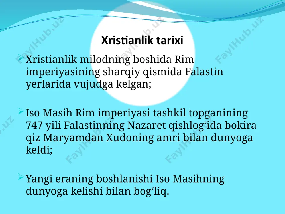 larida uchraydi. xristianlikdagi oqimlar: katolik oqimi (taxminan 800 mln. kishini) asosan : yevropa, osiyo, afrika lotin amerikasi mamlakatlarida tarqalgan. katolitsizm umumiy, dunyoviy degan ma'nolarni ifodalaydi. uning birinchi yepiskopi apostol petr bo‘lgan. katolitsizmda bibliyani sharhlash huquqi faqatgina ruhoniylarga beriladi, chunki ular uylanmaslik haqidagi diniy talabga amal qiladilar. xristianlikdagi oqimlar: protestantlik (protestantizm)(taxminan 647 million kishini tashkil etadi ) - (lotincha - norozi bo‘lish, kelishmaslik) - xvi asrda katoliklik yo‘nalishidan ajralib chiqqan xristianlikdagi uch asosiy yo‘nalishlardan biri protestantizmning ilk shakllari: lyuteranlik:; svinglichilik; kalvinizm; unitarizm va sotsinchilik; anabaptizm; mennonitlik; anglikanchilik hozirgi vaqtda protestantizm dunyoning barcha qit'alarida keng tarqalgan. uning jahon markazi aqshda, bu yerda: baptist; adventist; iyegova shohidlari va boshqalarning qarorgohlari joylashgan. o‘rta osiyo xalqlari tarixida xristian dini: bu dinni mahalliy aholi orasida tarqatuvchilar o‘rta osiyoning turli viloyatlariga milodning iii asrlarida kirib kelganlar. 280 yilda talos (marke) cherkovlari qurilib bo‘lgan; samarqandda (310 yildan); marvda (334 yildan); hirotda (430 yildan); xorazmda va markaziy osiyoning boshqa …